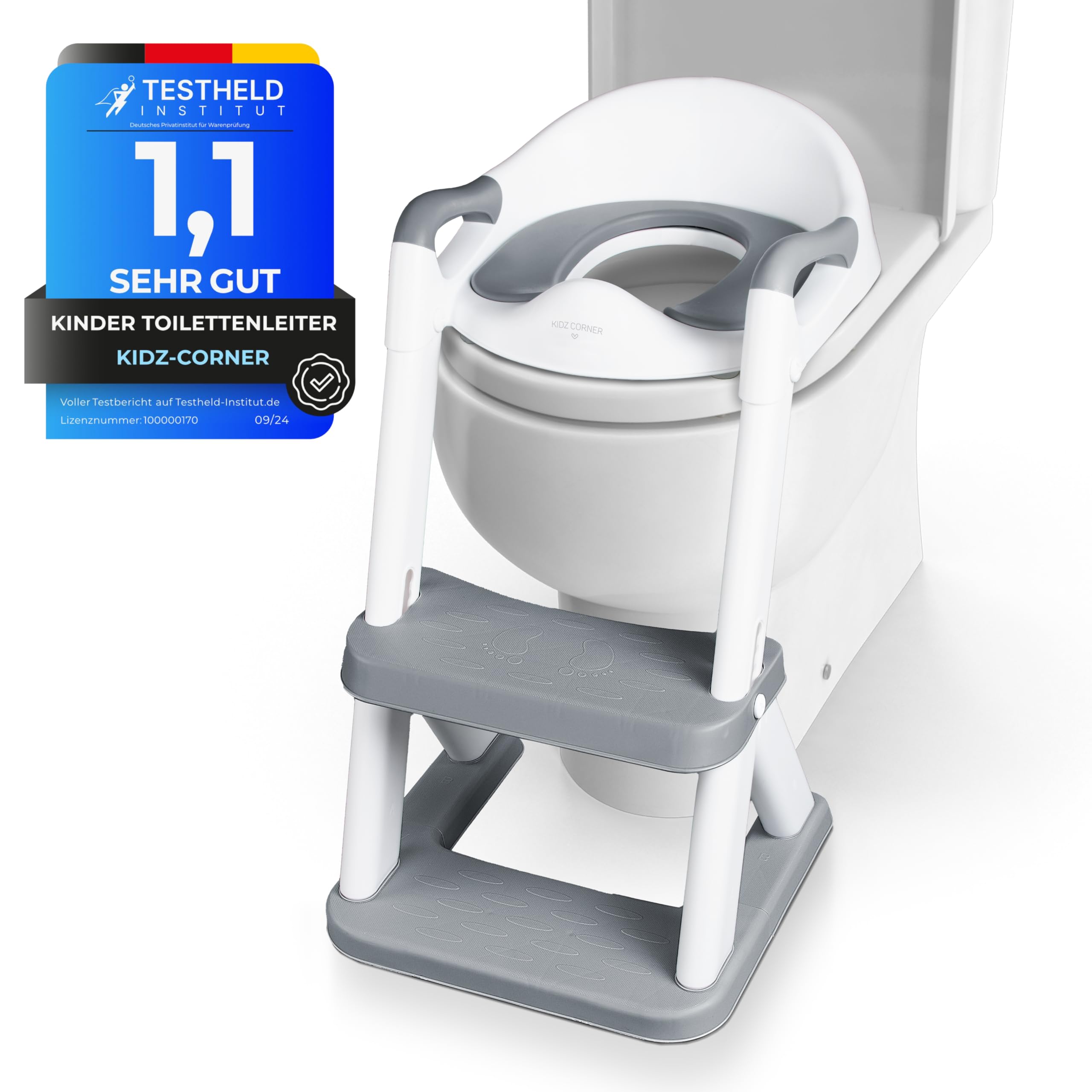 KidzCorner Kinder Toilettensitz mit Treppe, höhenverstellbare Toilettenleiter klappbar auch als Tritthocker verwendbar. WC Sitz fürs Töpfchen Training.