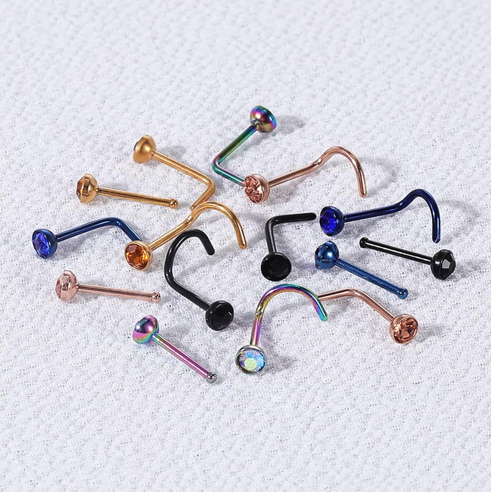 6pcs 20g Nose Studs Black Rose Gold Stainless Steel L Shaped | Corkscrew Design, 3mm CZ, For Women Men, Nostril Piercing Jewelry