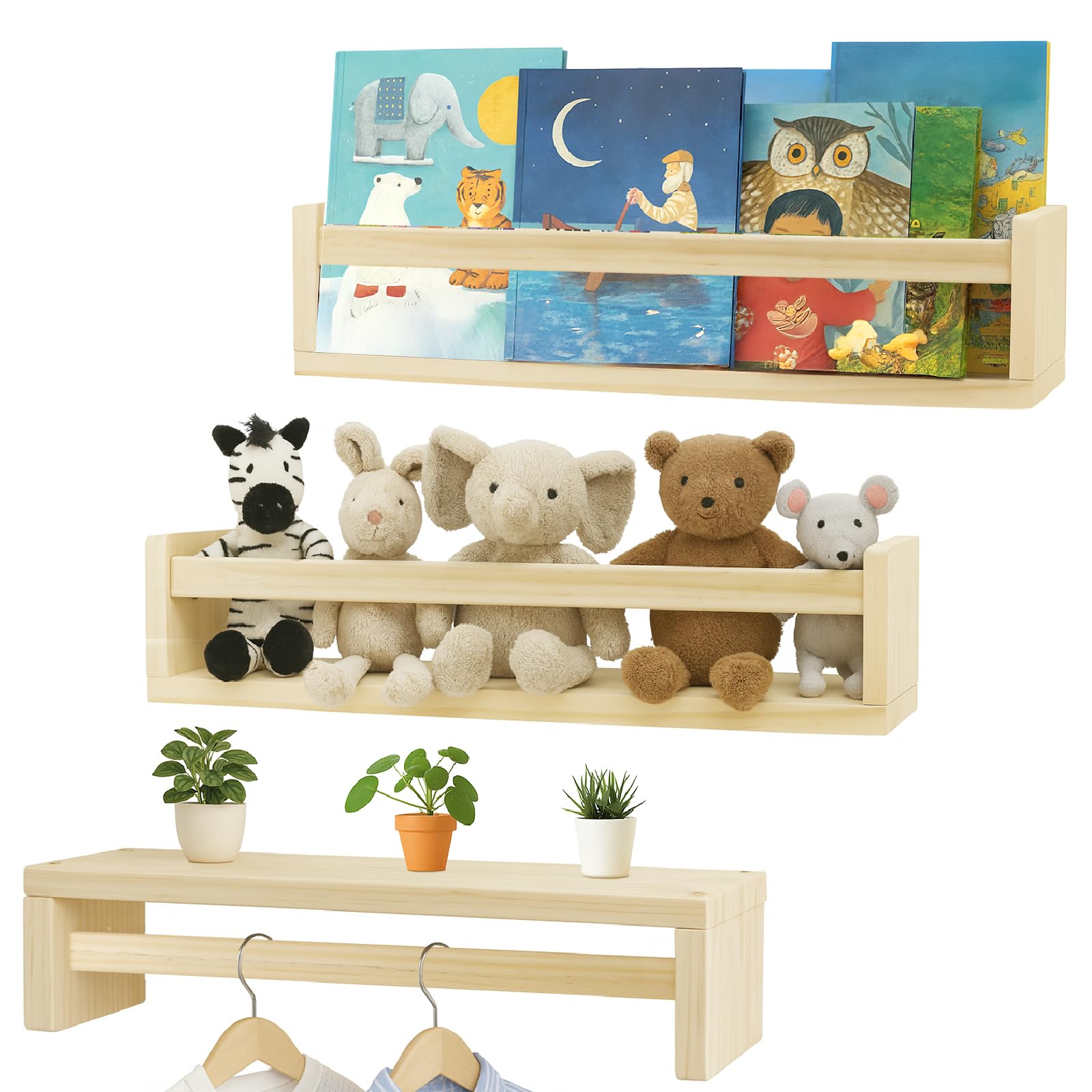 Nursery Book Shelves Set of 3, 16.5 Inch Solid Wood Floating Shelves