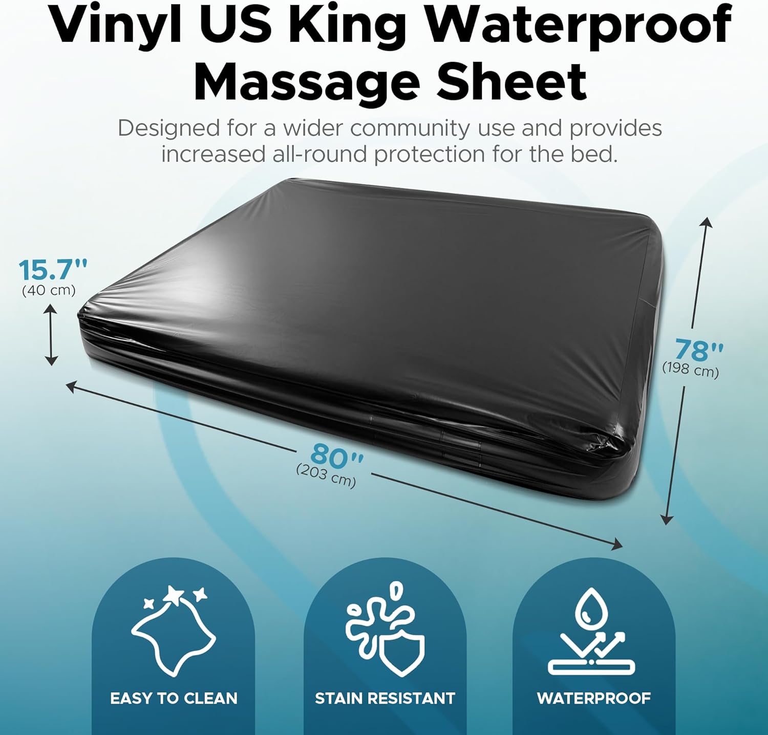 Black Vinyl US King Waterproof Fitted Massage Bed Sheet with Side Pocket | Mattress Protector, Bed Cover for Nuru Massage - Oil, Water-Based, Silicone Safe | 78″x 80″+15.7″ Deep Pocket