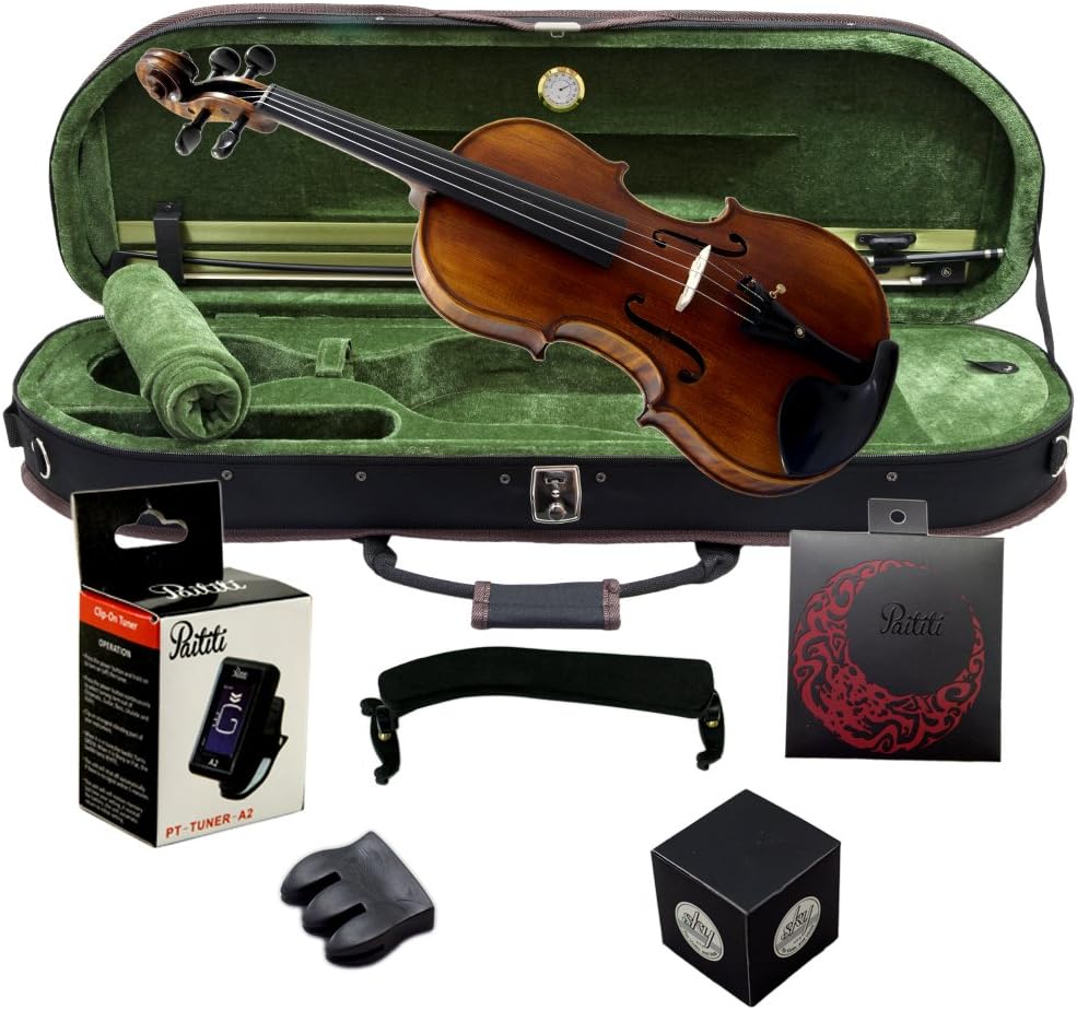 Paititi 4/4 Full Size PTVNHH100 Premium Hand Carved One-Piece Back Ebony Fitted Violin Outfit with Case, Bow, String, Tuner, Mute and Rosin