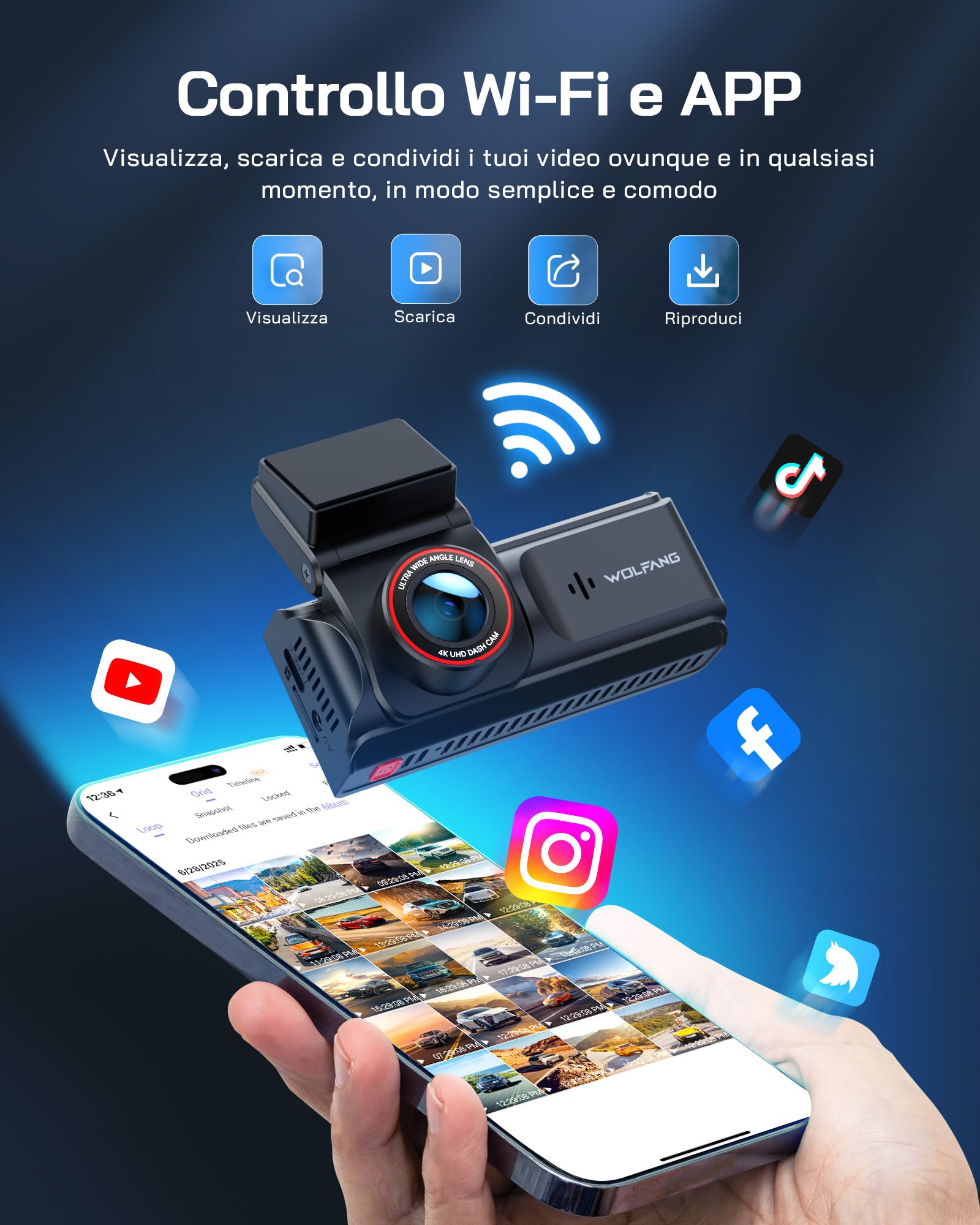 WOLFANG Dash Cam Auto 4K, Doppia Telecamera WiFi per Auto, Schermo da 3", Super Dashcam con Visione Notturna, Monitor di Parcheggio, Sensore G, 170° Grandangolo, WDR, Scheda SD 32G