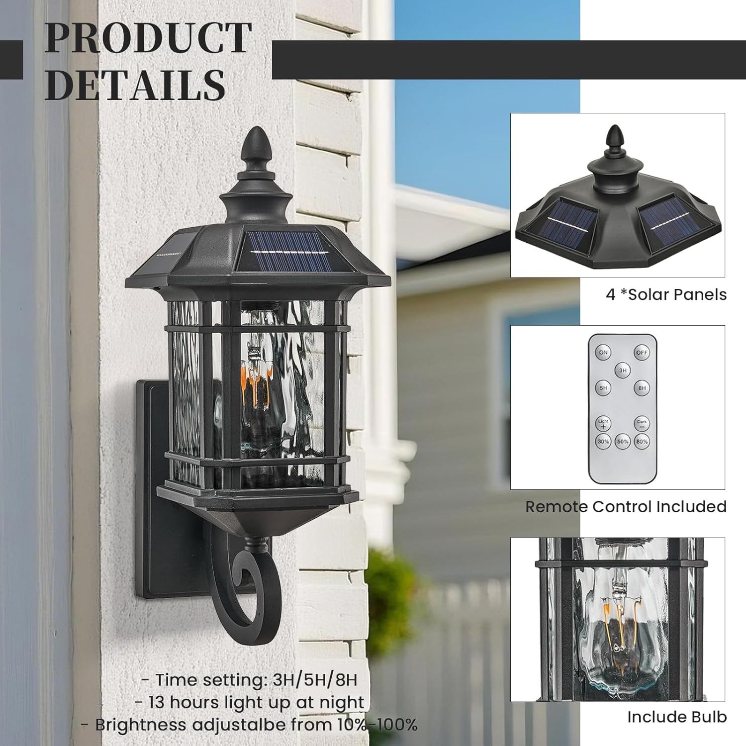 Solar Sconce Lights Outdoor 15.7 Inch Height Exterior Lighting Fixture Dusk to Dawn Outdoor Solar Wall Lamp with Water Ripple Glass Black Finish and Waterproof