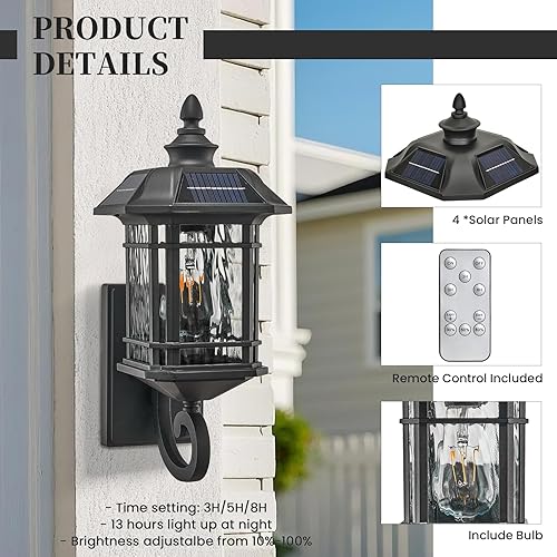 Miniatura 6 de Lámpara solar de pared para exteriores, del atardecer al amanecer, luz solar para porche con vidrio ondulado de agua, 20 pulgadas de altura, aplique