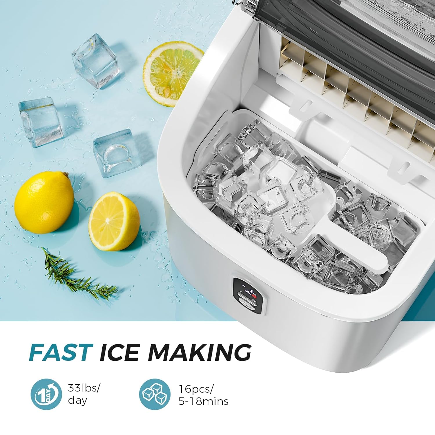 Kismile Ice Maker Countertop, Portable Ice Cube Maker Machine with 1.5L Detachable Water Tank, 33Lbs/Day, 16Pcs/5Mins, 24H Timer, Self-Cleaning Ice Maker, Ice Machine Maker for Home,Office,Party