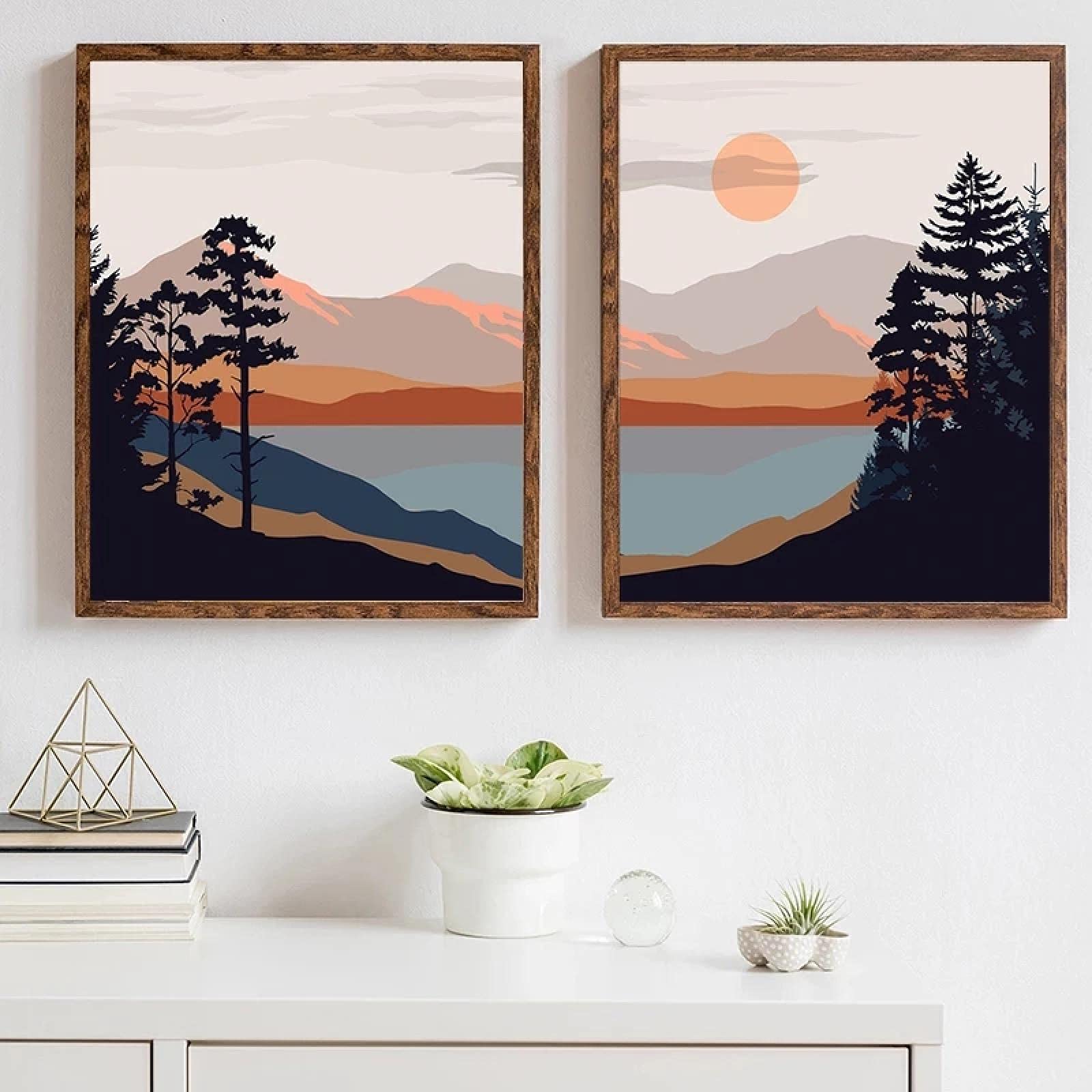 Yooyu Sun Paisaje Pintura Terracota Pared Arte Lienzo impresión montaña Lago Cartel Moderno Sala de Estar decoración de Pared 55x80cmx2 Marco Interno