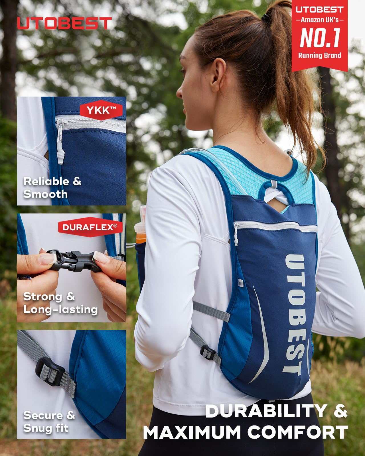 UTOBEST Gilet Course, Sac hydratation Leger avec 2*350ml flasque,Bleu | 7 poches, grand support telephone, ajustement confortable, sans rebond, OSFM, mixte, trail, park run, marathon