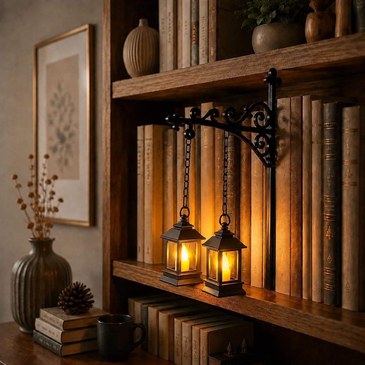 Library Lantern Mini Bookshelf Lamp with Warm LED Lights, Witch Hat，Double Lantern：2.36" D x 5.51" W x 7.68" H — image 1