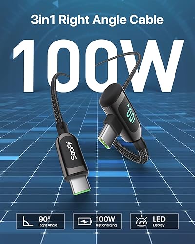 Miniatura 2 de SOOPII Cable USB C a USB C de ángulo recto de 100 W, paquete de 2 cables trenzados de aleación de zinc de 4 pies con pantalla LED para lPad