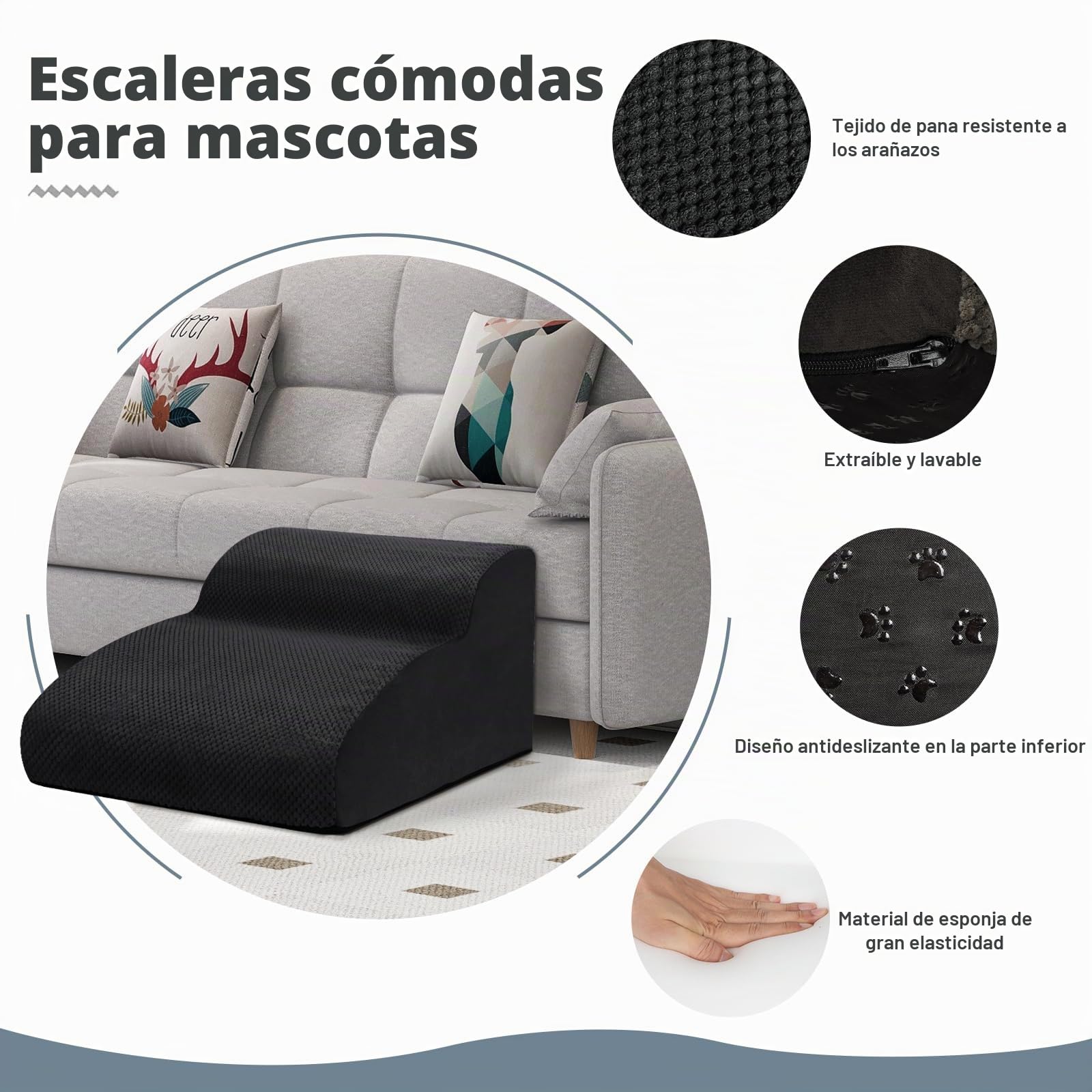 Escaleras para Perros de 2 Peldaños, Rampa para Mascotas de Espuma de Alta Densidad, Escaleras para Mascotas con Cubierta de Felpa Extraíble y Lavable, para Sofá o Cama, Negro