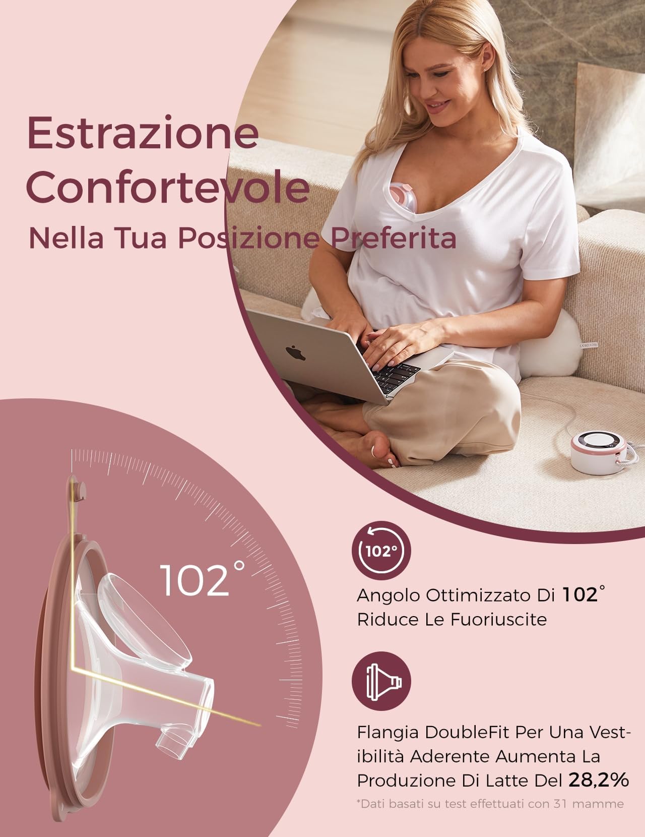 Momcozy V1 Pro Tiralatte Elettrico Indossabile a Mani Libere, Aspirazione fino a 300 mmHg, 3 Ritmi e 15 Livelli, Coppe da 230 ml, Flangia DoubleFit, Rosso Cozy