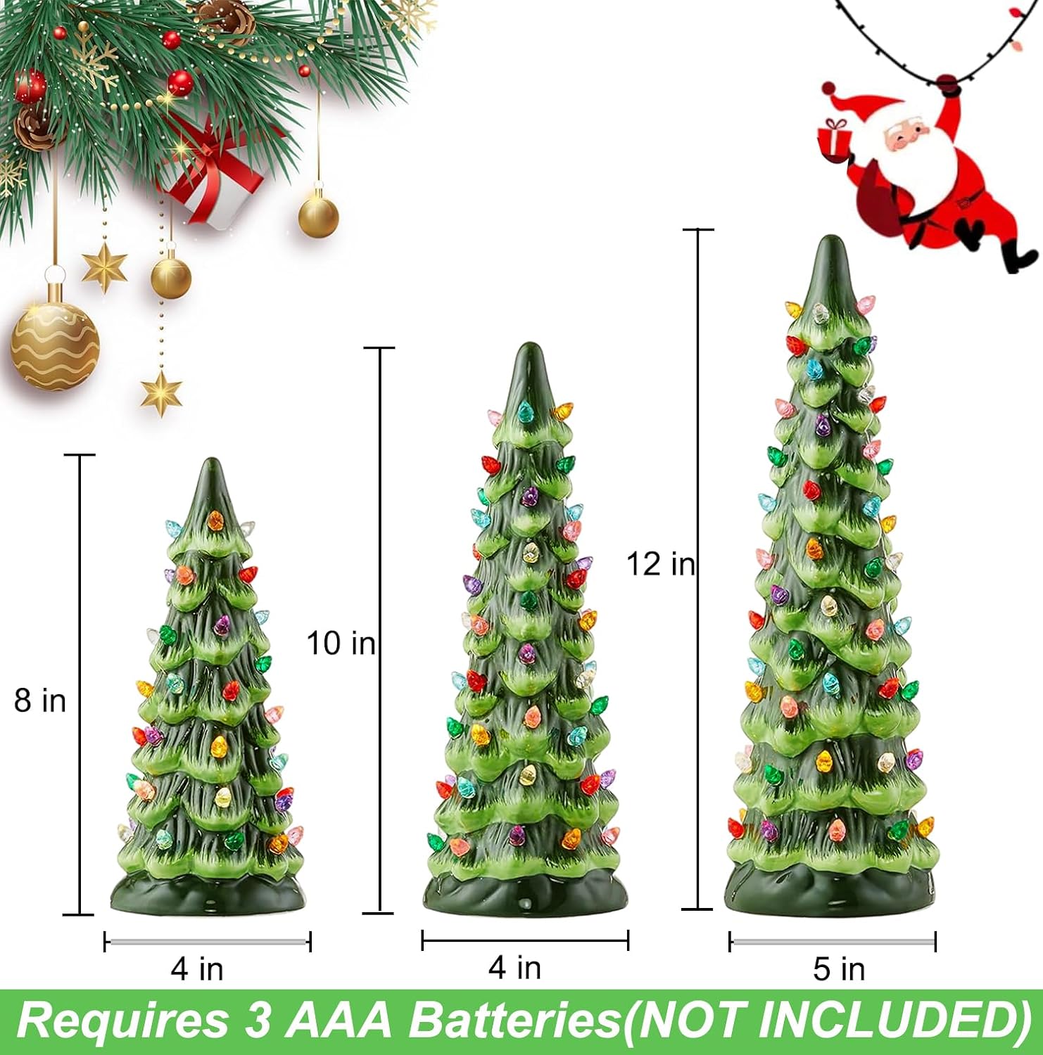 Set of 3 Christmas Trees with Lights, Vintage Tabletop Lighted Christmas Tree Hand Painted Table Decorations, Nostalgic Xmas Ornaments Gifts for Holiday Mantel Table Centerpieces Window Porch