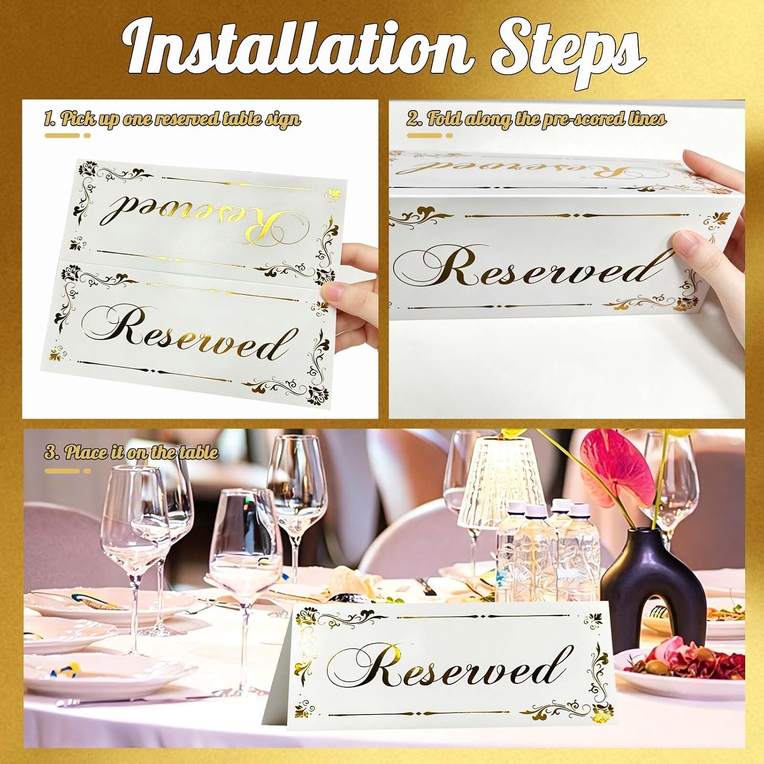 12PCS Reserved Table Signs 7.9x6.3 Inch White Reserved Signs for Wedding with Elegant Double Sided Gold Foil Design for Wedding Meetings Party Restaurant Formal Dinners Bar