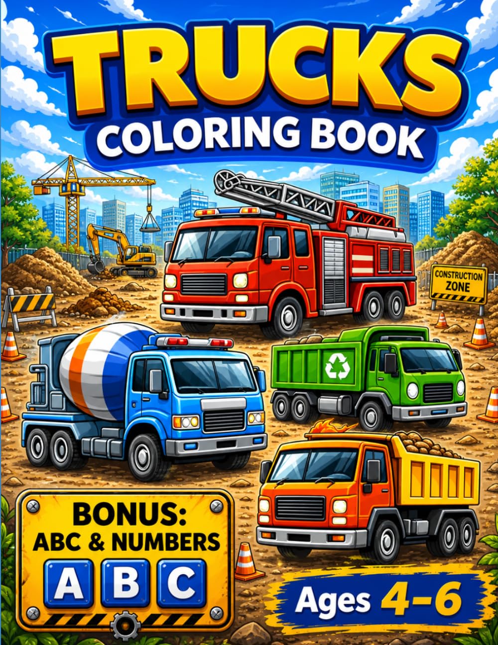 Trucks Coloring Book for Kids Ages 4–6 with BONUS ABC Alphabet & Numbers: Fun Dump Trucks, Fire Trucks and Construction Vehicles Coloring Pages for ... (Smash Kids Coloring & Learning Series)