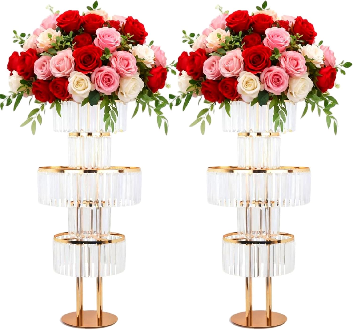 2PCS 5-Tier Crystal Vase Metal Flower Stand | Elegant Table Centerpiece with Crystal Pendants for Wedding, Party, Event & Home Decoration | Large Chandelier Display Rack