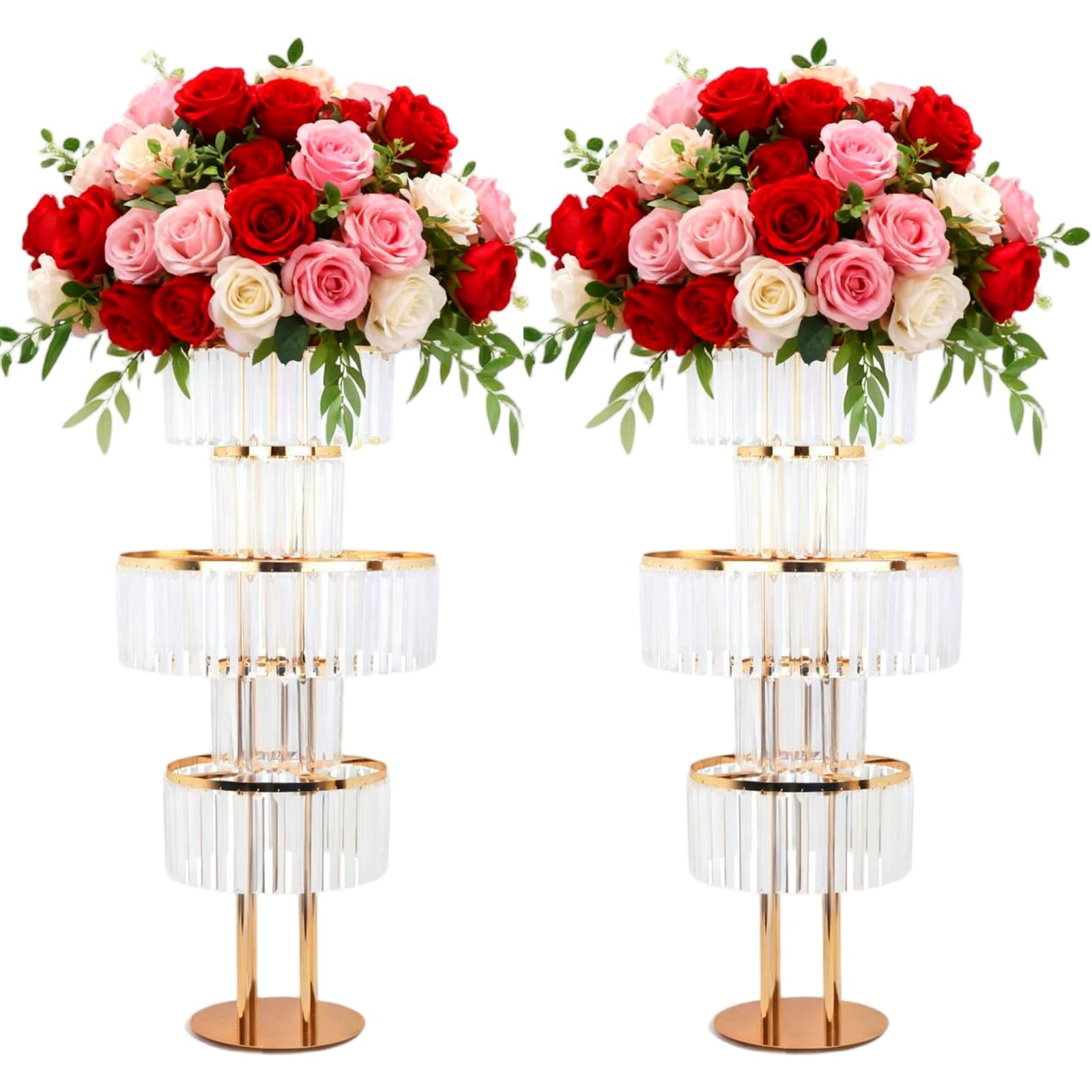 2PCS 5-Tier Wedding Flower Stand with Genuine Crystal Pendants - Heavy Duty Round Base Centerpiece for Aisle, T-Stage, Sweetheart Table Decor - Not Acrylic