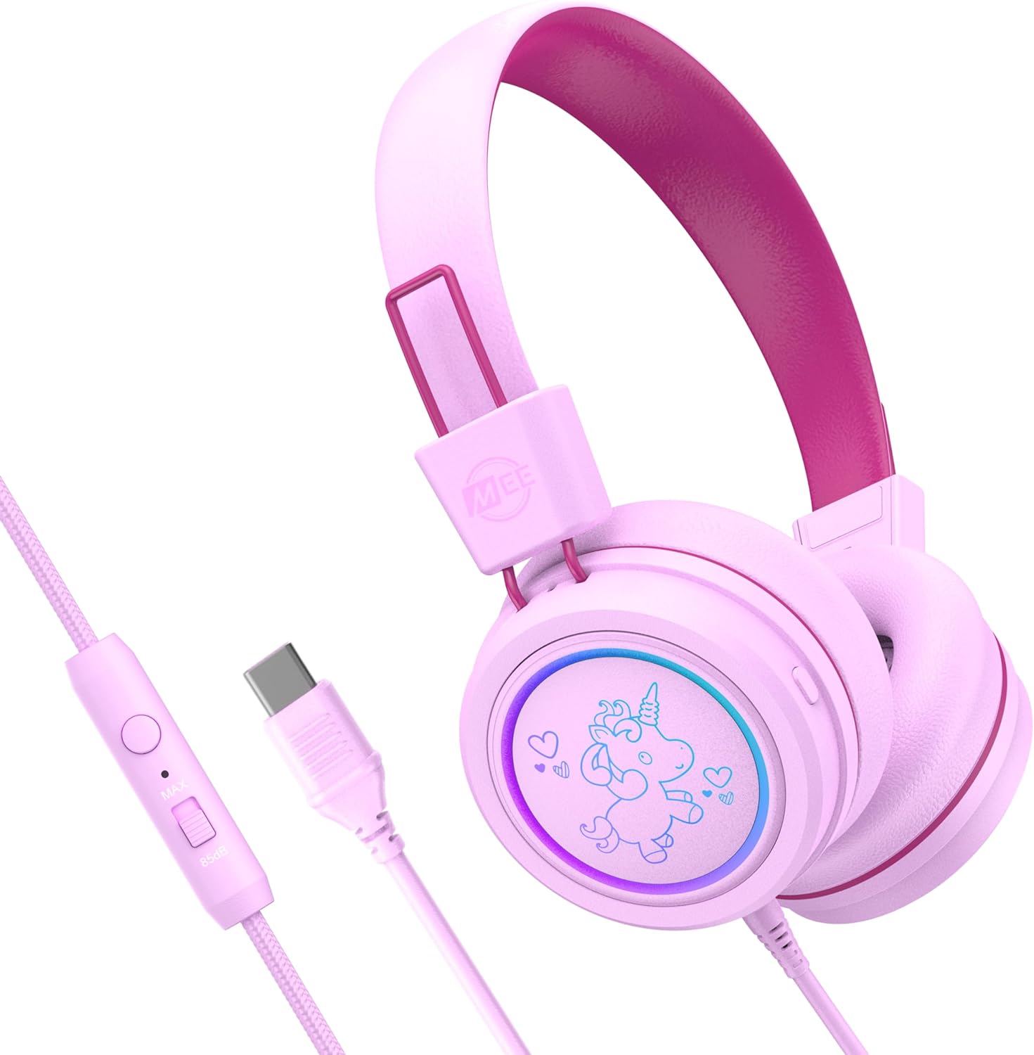 MEE audio KidJamz KJ55 Safe Listening USB-C Headphones for Children with Multicolor LED Lights, Volume Limiter, & Microphone; On-Ear Wired Kids Headset for iPhone 16, iPad, & USB Type C Devices (Pink) MEE audio KidJamz KJ55 Safe Listening USB-C Headphones for Children with Multicolor LED Lights, Volume Limiter, & Microphone; On-Ear Wired Kids Headset for iPhone 16, iPad, & USB Type C Devices (Pink)