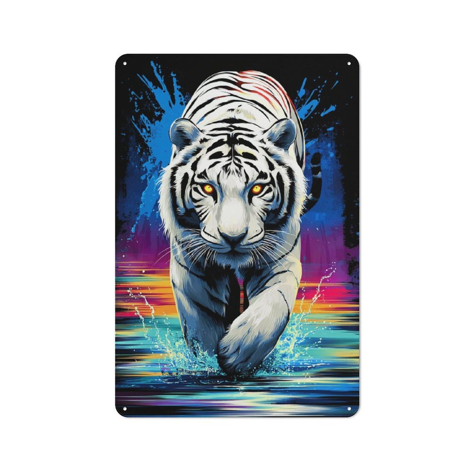 Junmoney Colorful Tiger Splash Artwork Character Decorative Tin Plaque 30X20cm Featuring Small Space Decor For Bedroom, Kitchen, Office Or Living Room