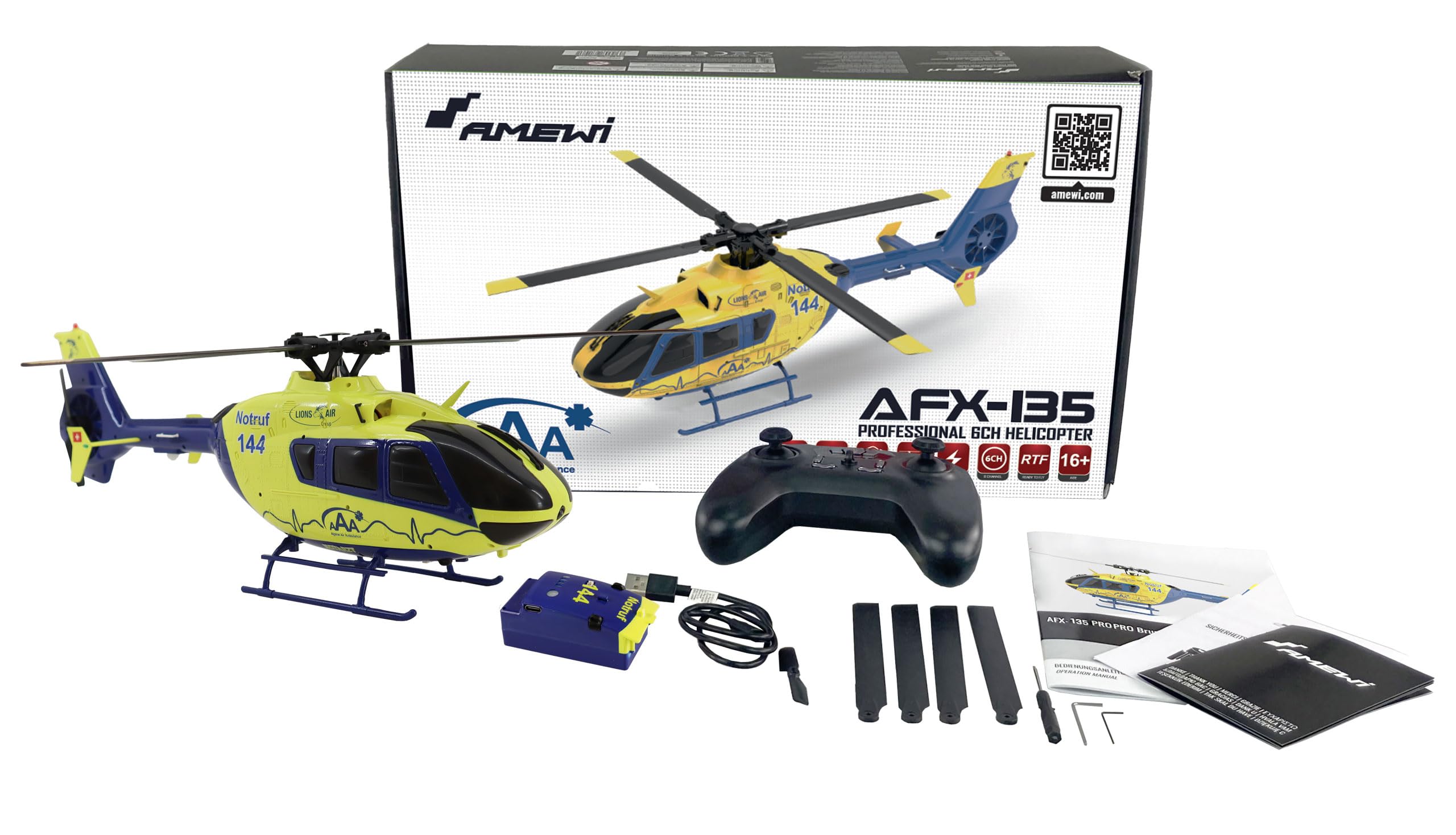 AFX-135 PRO Alpine Air Ambulance Helikopter 6-Kanal RC ferngesteuert 6G RTF, Neongelb