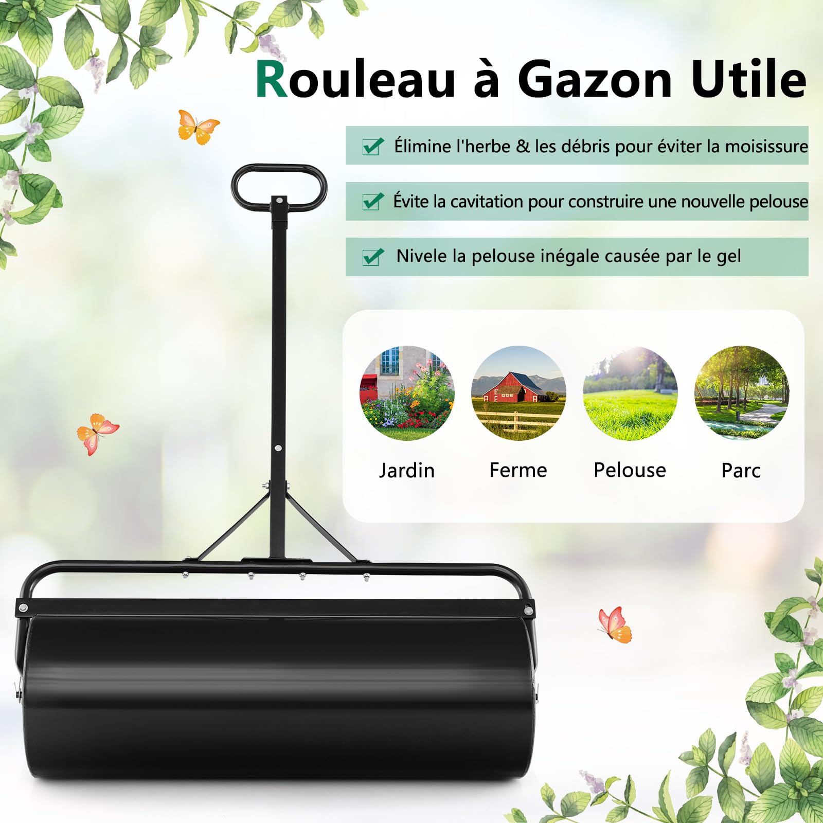RELAX4LIFE Rouleau à Gazon en Fer avec Réservoire pour Jardin, Volume de Remplissage de Sable ou l’Eau : 113 L, φ40cm, Largeur 99 CM, Hauteur : 146 CM (113L-Noir)