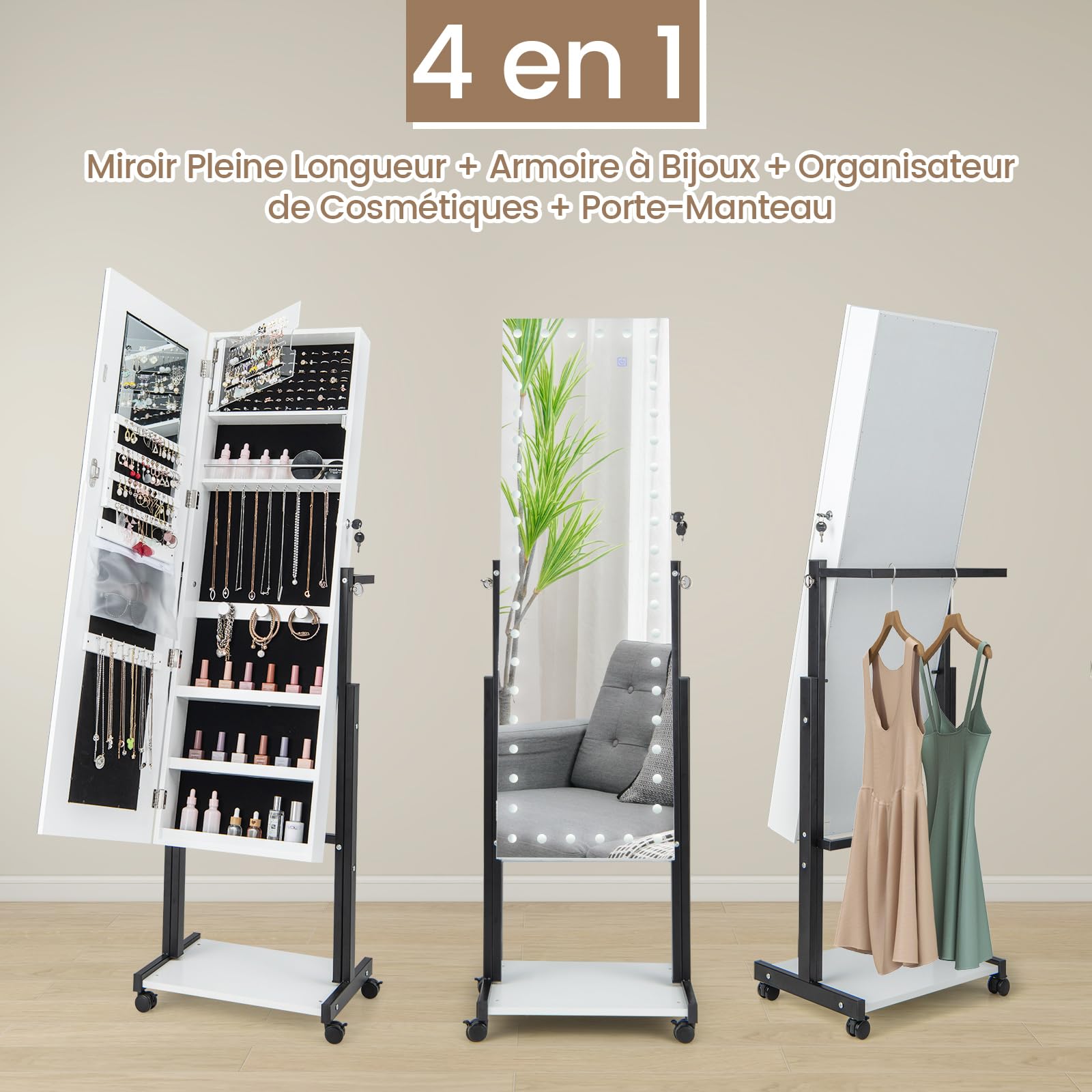 RELAX4LIFE Armoire à Bijoux sur Pied à Roues, Miroir Rangement Bijoux avec LED 3 Couleurs, Hauteurs & Angles Réglables, Étagère Inférieure, Meuble Bijoux pour Chambre Dressing(Blanc)