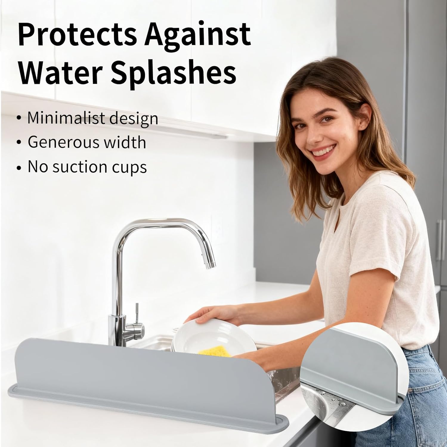 19.2inch(49cm) silicone sink splash guard, sink splash guard with suction cup,kitchen sink water splash guard, kitchen sink splash guard that can be placed behind (gray)