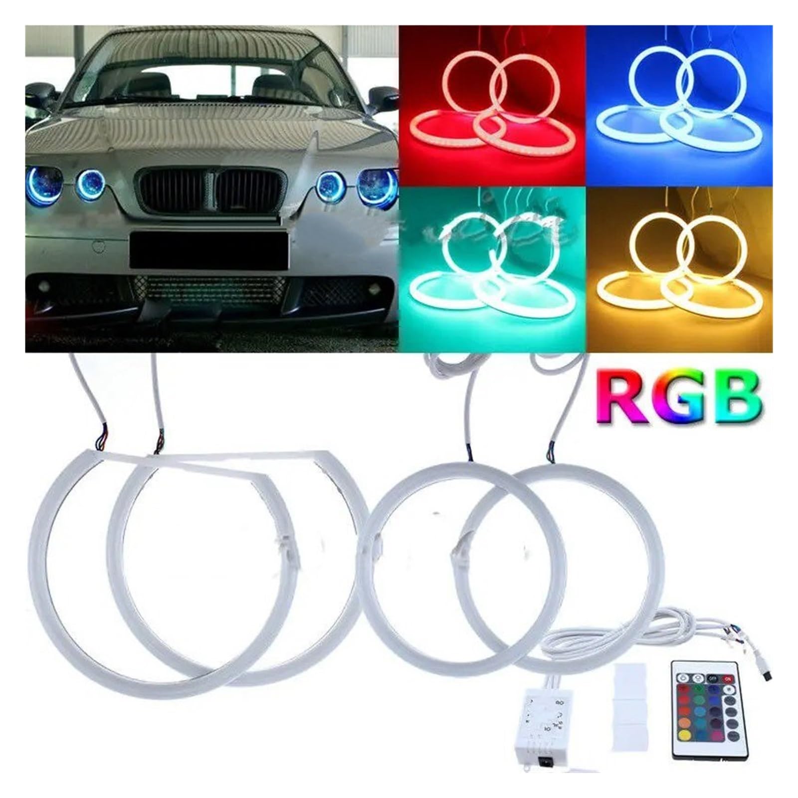 Faros Angel Eyes para coche Para BMW E83 Para X3 E46 Ti 4X Compacto RGB Algodón Luz Angel Eyes Halo Anillo 106 + 131mm Faro ojos de ángel
