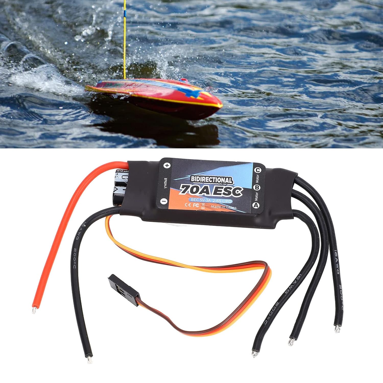 Alomejor Brushless ESC 80A Bidirectional, Black, Plug and Play, for RC Car, Boat, Underwater Thruster, 2-6S Lipo, BEC 5V 3A