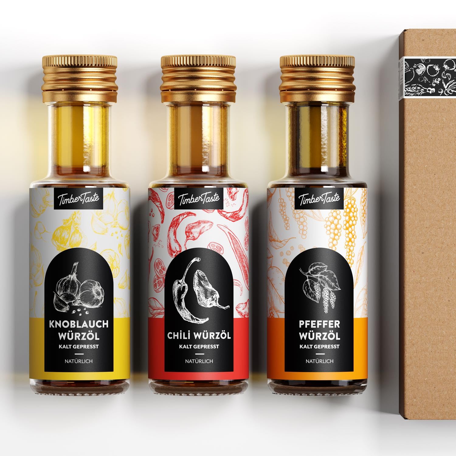 TIMBER TASTE® Öl Geschenkset für Männer RUSTIKAL - 3 erlesene Speiseöle 3x100ml - Premium Öl Set Geschenk Set