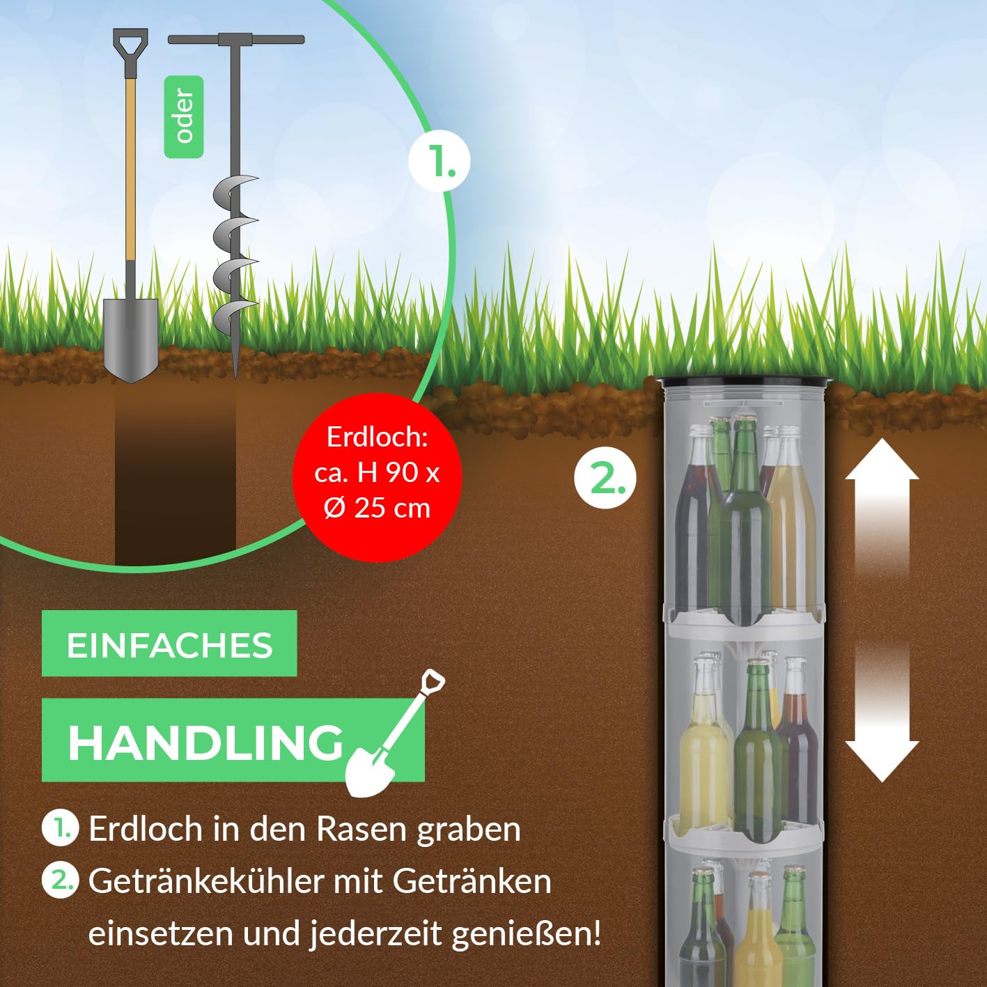 EASYmaxx Flaschenkühler Outdoor | Erdloch- Bierkühler, Camping Kühlschrank, Flaschenkühlschrank | bis zu 15 Flaschen | Highlight im Garten, Outdoorküche und Terrasse