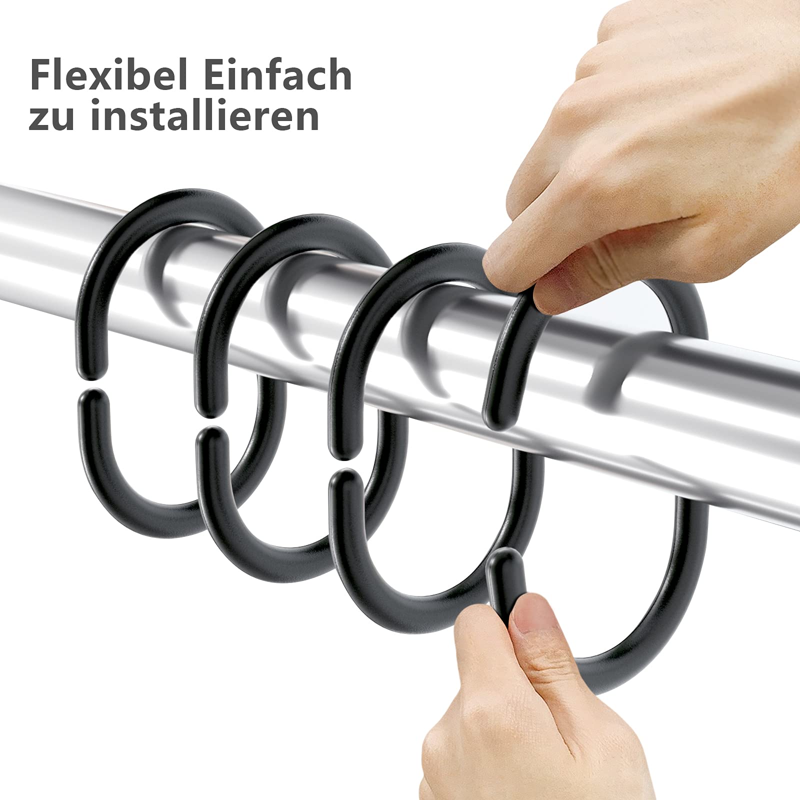 Lot De 24 Anneaux Rideau De Douche En Forme De C – Crochets Plastique Noir Solides, Universels Pour Tringles Ø 2-4 Cm – Pour Rideaux Salle De Bain & Cuisine