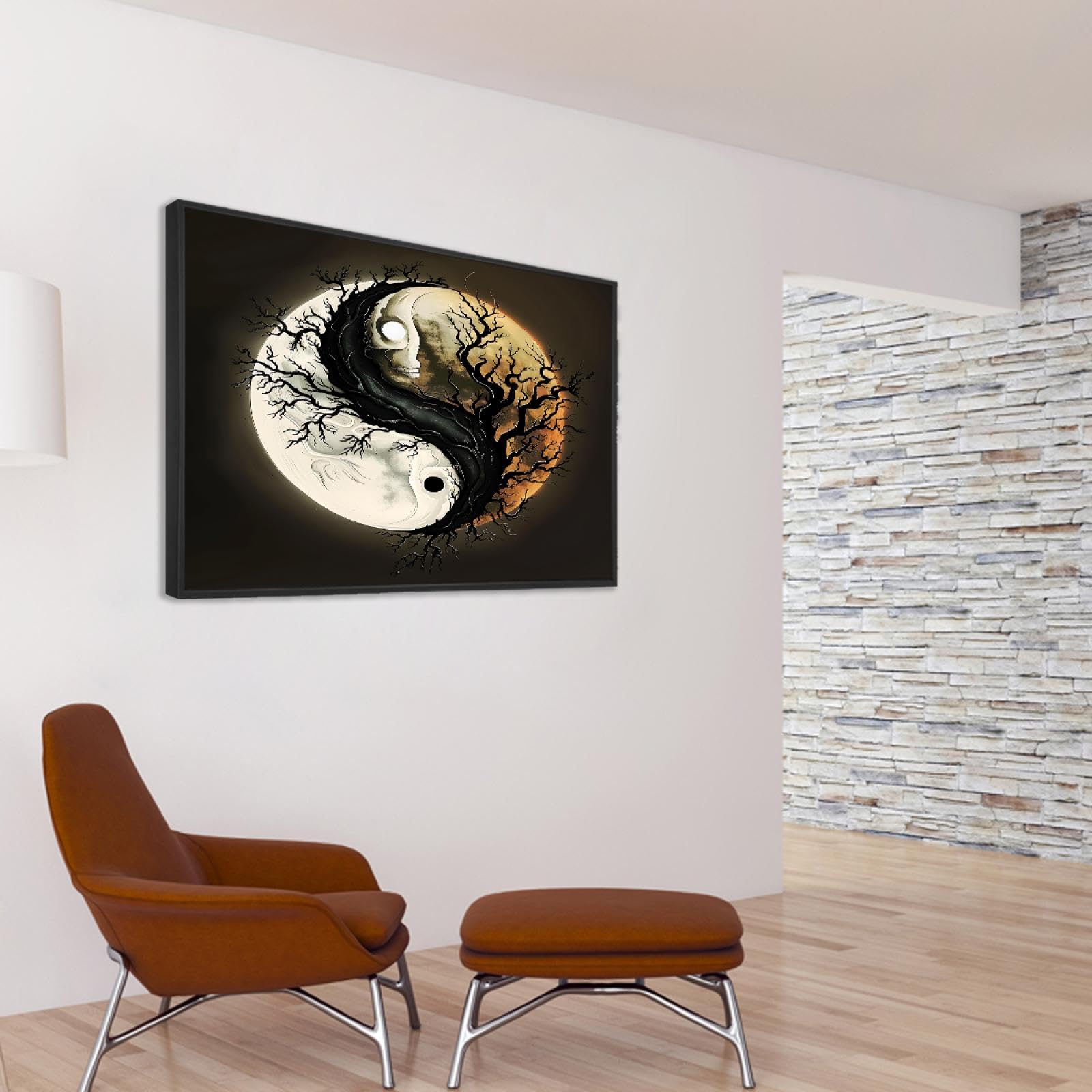 Via Vela Thème Halloween impression sur toile art mural rétro Yin Yang thème arbre mort crâne fantôme modèle affiche peinture image œuvre d’art pour bar décor intérieure 66x102cm avec-cadre-noir
