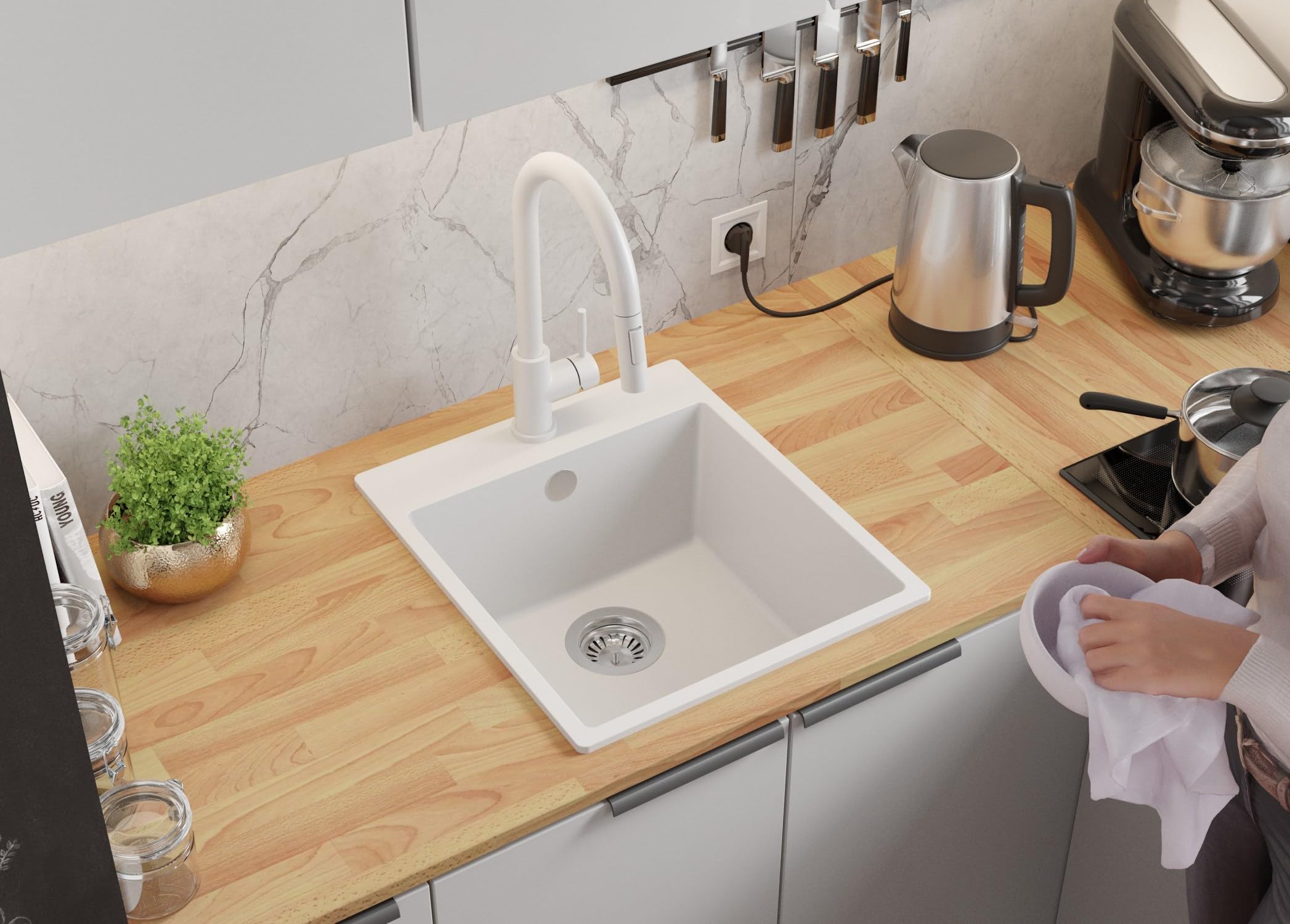 PRIMAGRAN Fregadero Cocina al Mueble 45cm + Kit de desagüe, 43x50cm