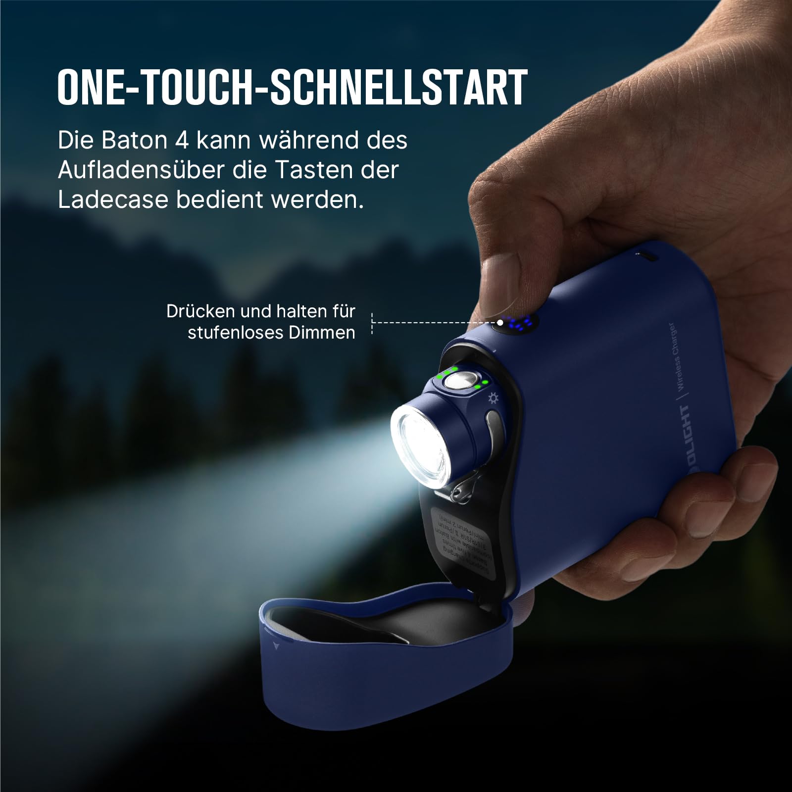 OLIGHT Baton 4 kit Mini LED Taschenlampe Wiederaufladbare mit dimmbarem Ladecase, Handlampe bis zu 190 Tage Laufzeit, 1300Lm 170m Leuchtweite superhell klein Flashlight für Alltag, IPX8 Blau