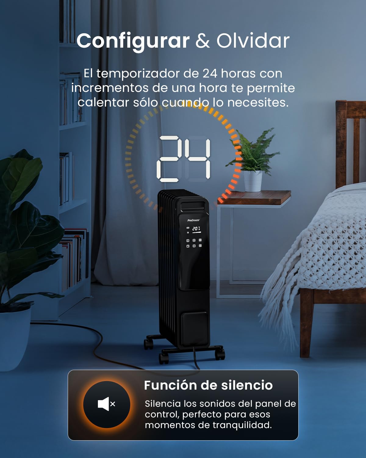 Pro Breeze OmniWarm Radiador de Aceite 2500W, 11 Aletas, Portátil, Pantalla Digital Táctil, Modo Eco, 3 Modos de Calor Ajustable, Apagado de Seguridad y Temporizador 24H