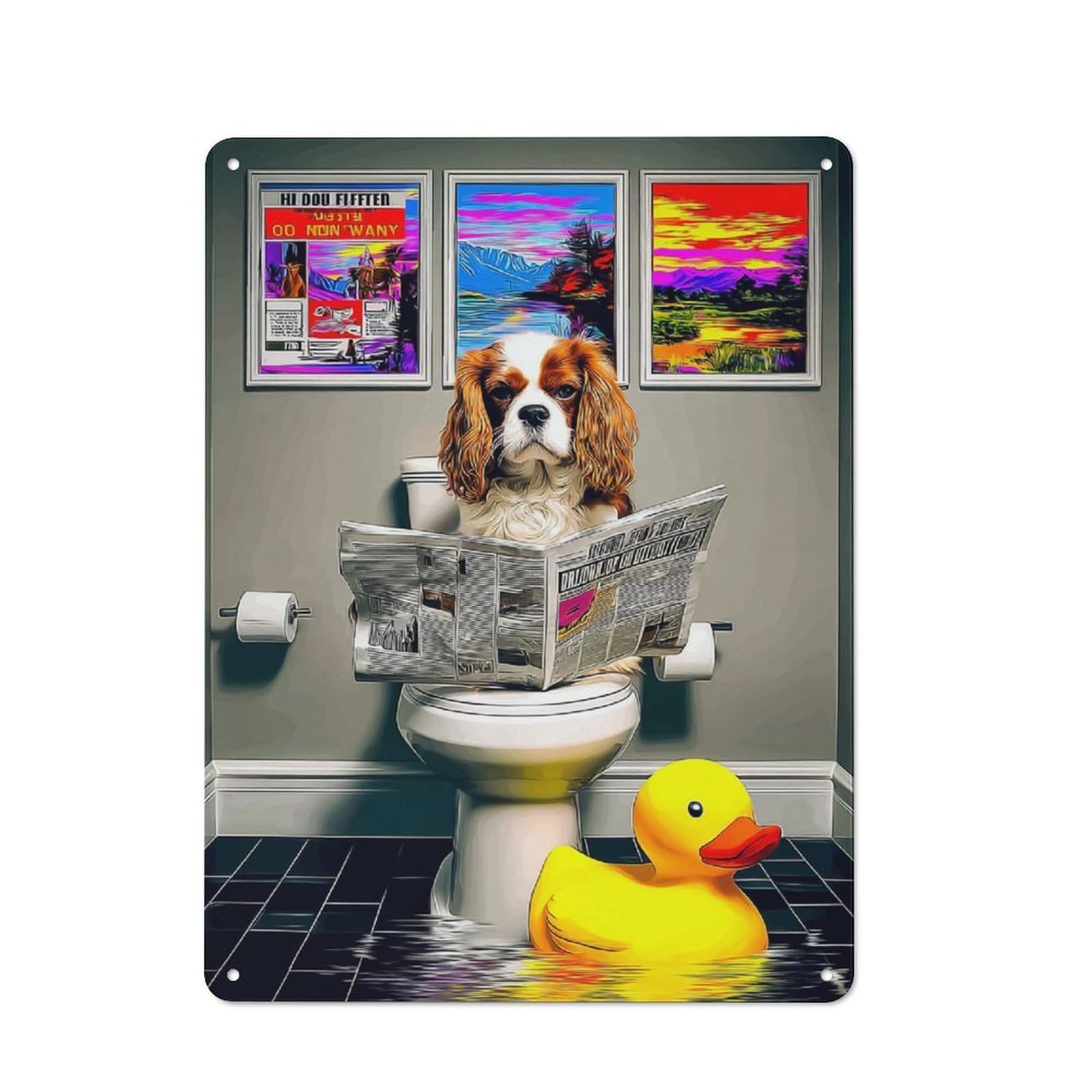 Junmoney Dog Reading Newspaper In Bathroom-3 Vintage Tin Sign 40X30cm With For Living Room Or Hallway, For Living Room Decor Lovers