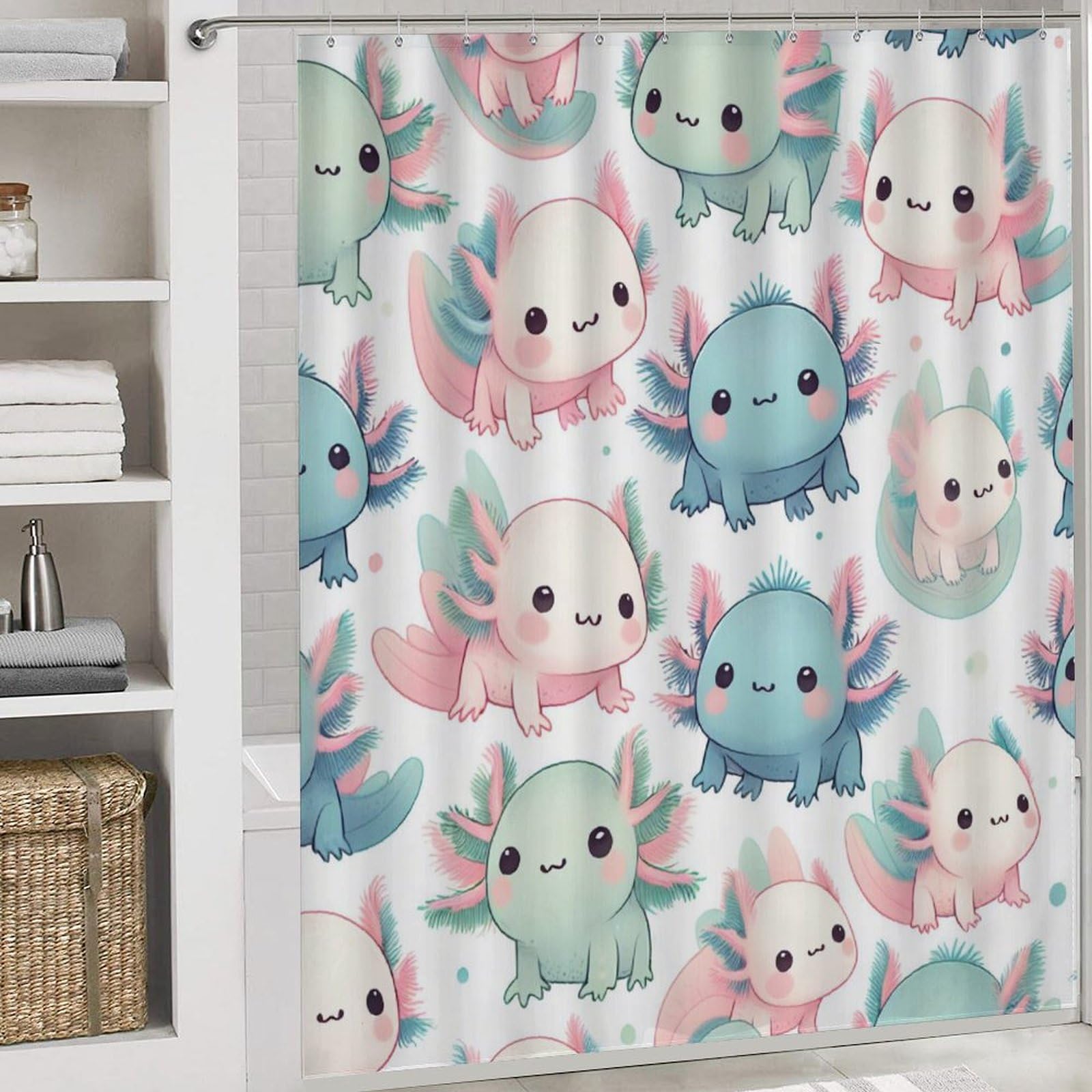 Duschvorhang mit Badezimmer-Sets und Teppichen, Dekoration, Cartoon-Axolotl, lustige Duschvorhang-Sets mit rutschfestem Teppich, WC-Deckelbezug, U-förmige Matte mit Haken, 182,9 x 182,9 cm, 4