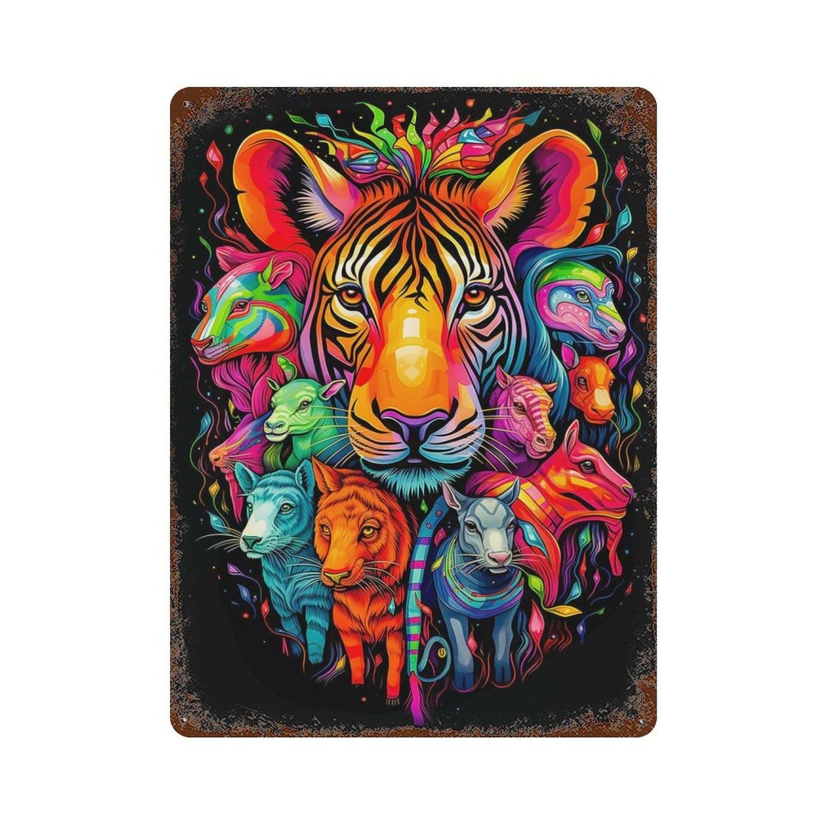 Rust Effect Psychedelic Animal Weathered Tin Sign 15.7"x11.8", Retro Wall Decor for Garage, Bar And Workshop Decor