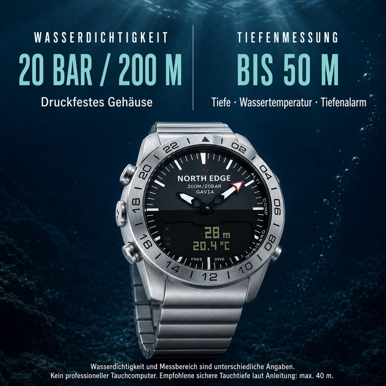 NORTH EDGE MARS3 Herren Digitaluhr Robuste Outdooruhr mit Schrittzähler Sportuhren Dual Time Wecker Wasserdicht 50m Schwarz
