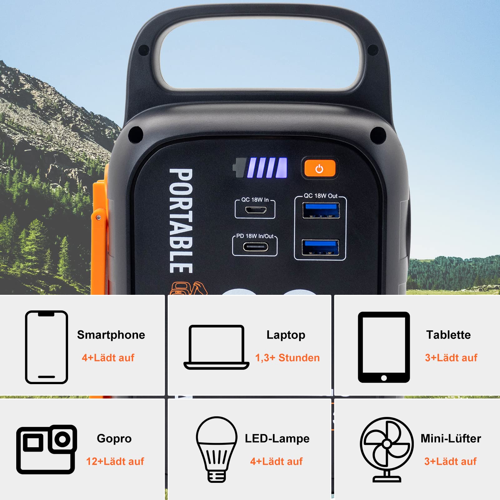 Kurbel Powerbank 22500mAh, Notstrom Akku 18W Schnellladen USB Typ-C, 83.25Wh Stromerzeuger Mit LED-Licht Für Notstromversorgung Camping Outdoor