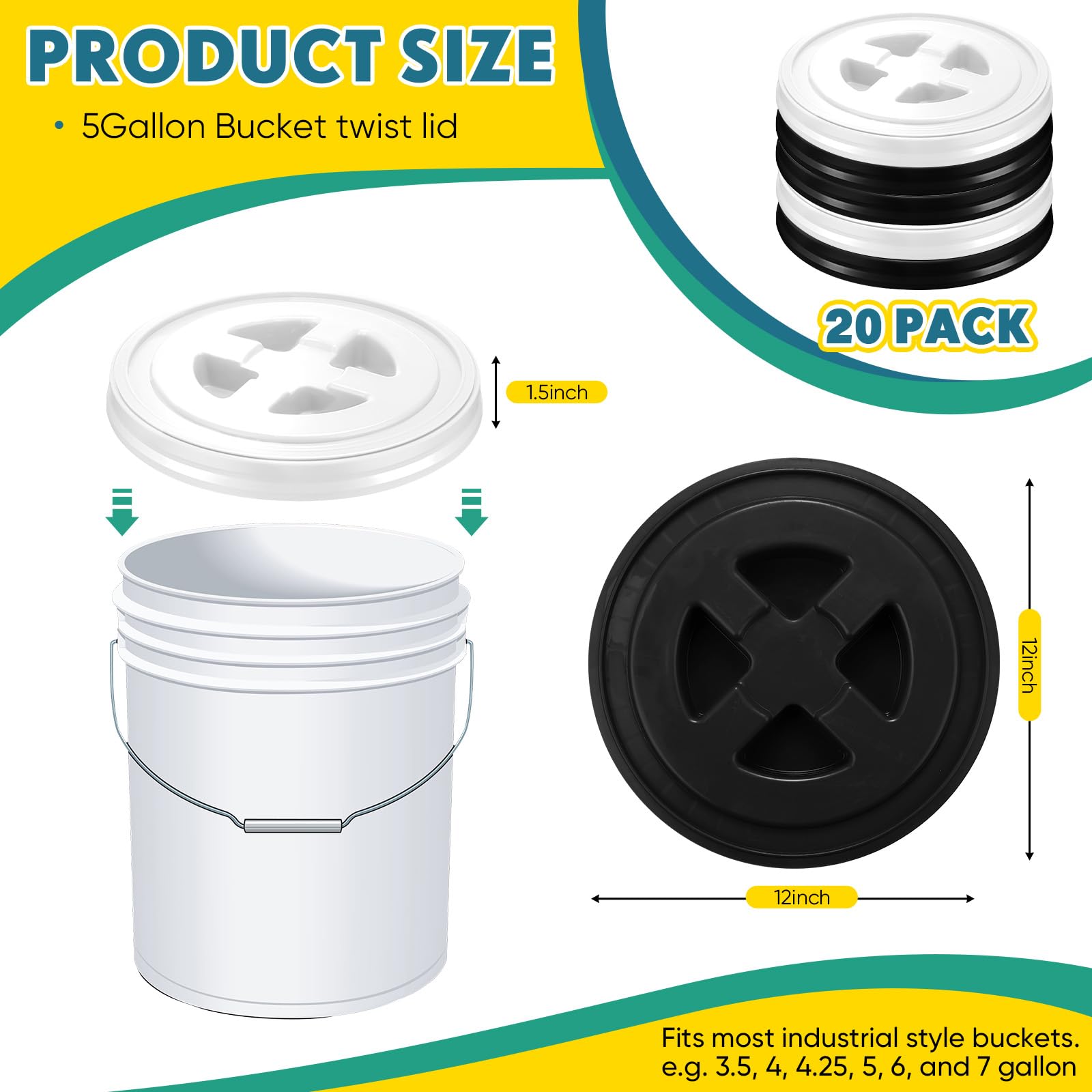 Tessco 20 Pieces 5 Gallon Bucket Lids Plastic Leak Proof Bucket Twist Lid 5 Gal Seal Screw On Compatible with Gamma for Grain Pet Food Storage(White and Black)