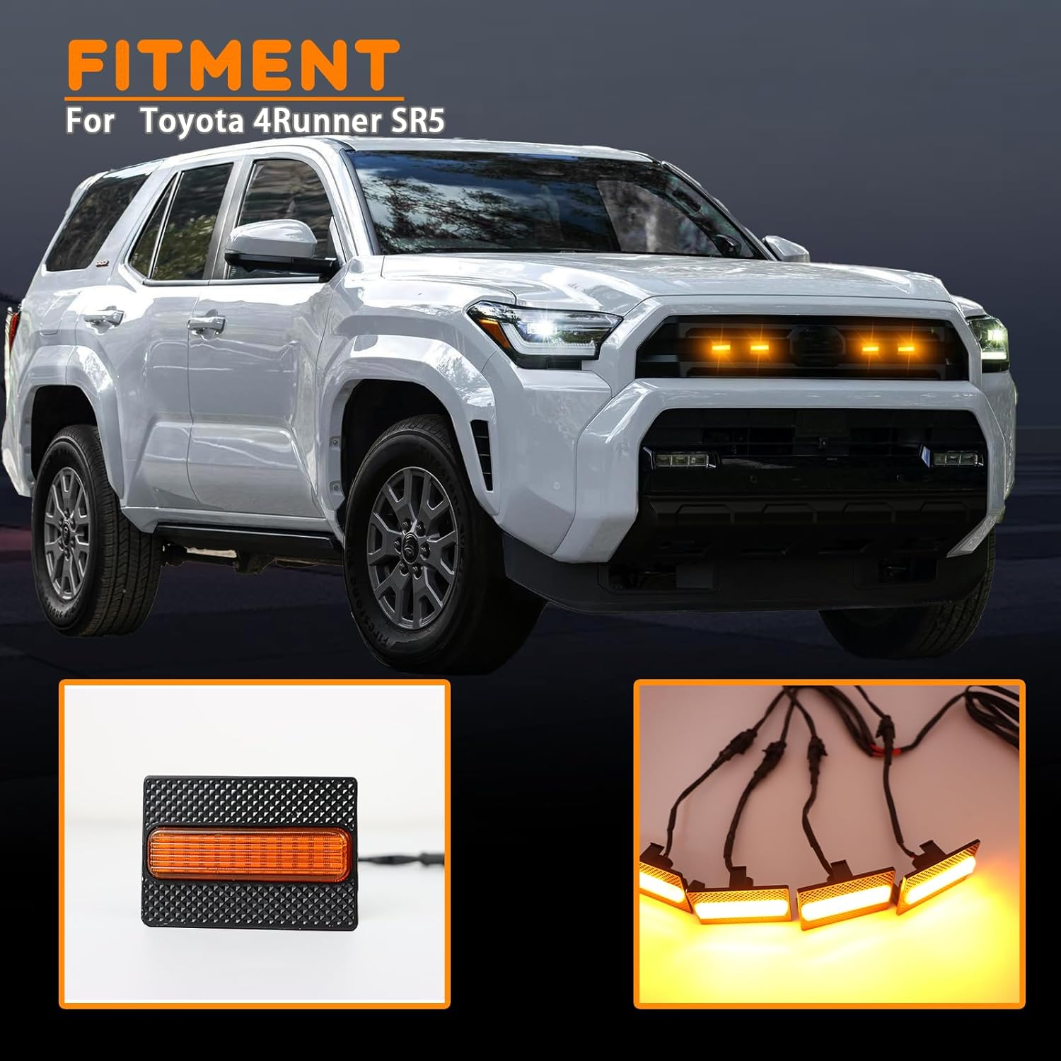 4pc Smoked Housing Amber LED Front Centra Grille Lights DRL Feature Kit for Toyota 4runner 2025 SR5,OEM Grill Led Grill Light For 4Runner Accessories（Only for SR5）（YELLOW）
