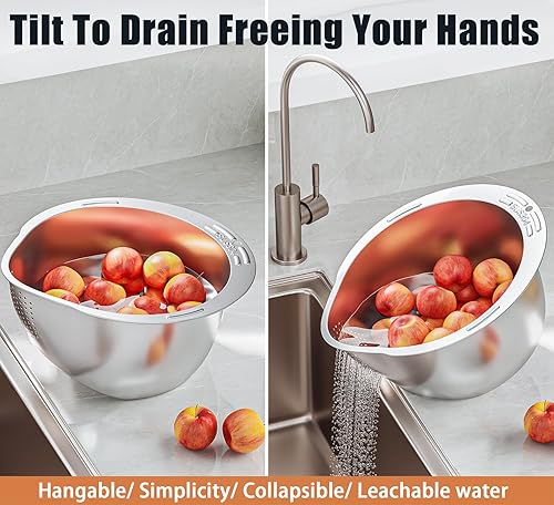 Miniatura 2 de ESOW Juego de coladores de acero inoxidable, cuenco colador para lavadora de arroz con rallador, multiuso para almacenamiento de alimentos, drenaje
