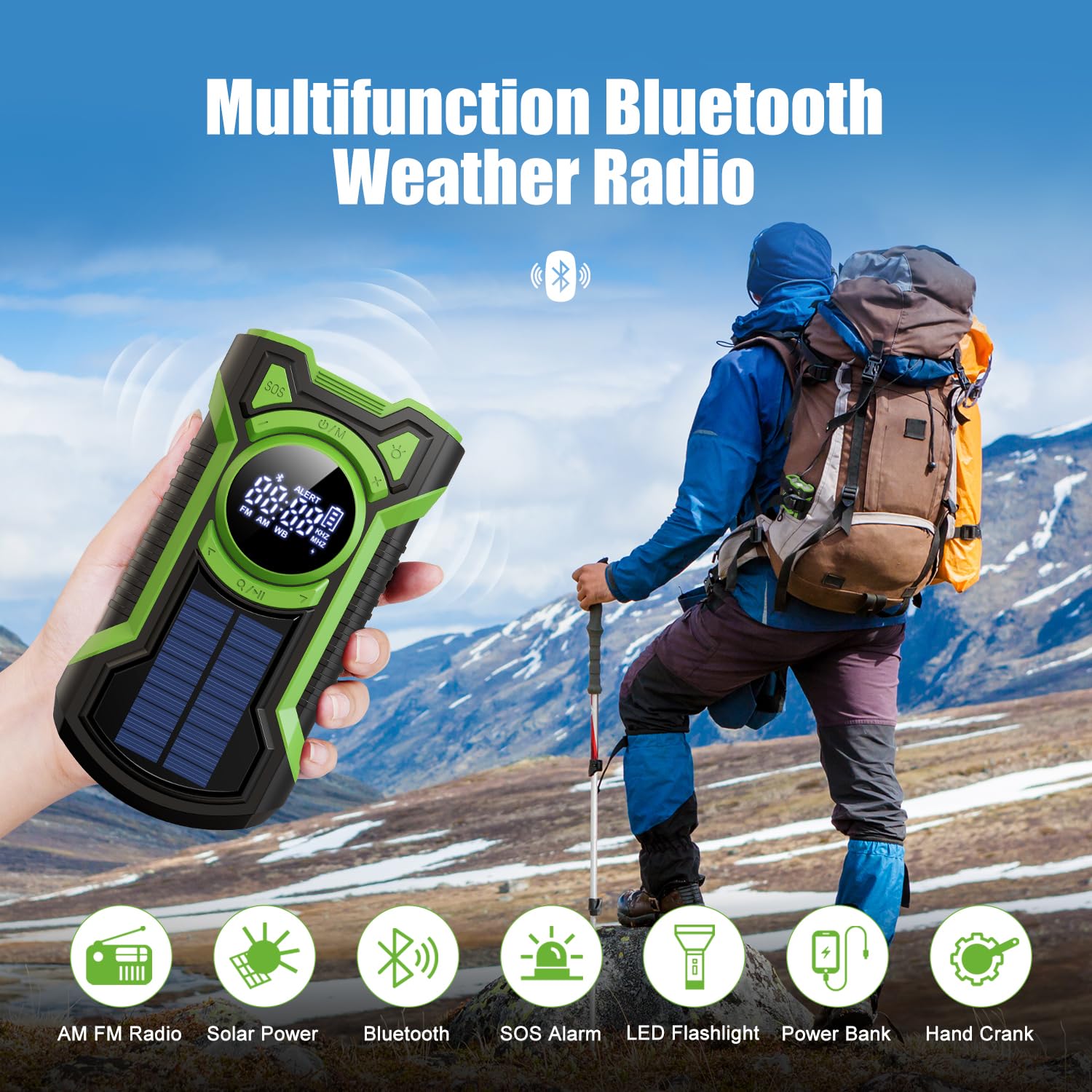 Radio di Emergenza 5000 mAh, Solare Impermeabile Bluetooth, Power Bank a Manovella con Torcia LED SOS