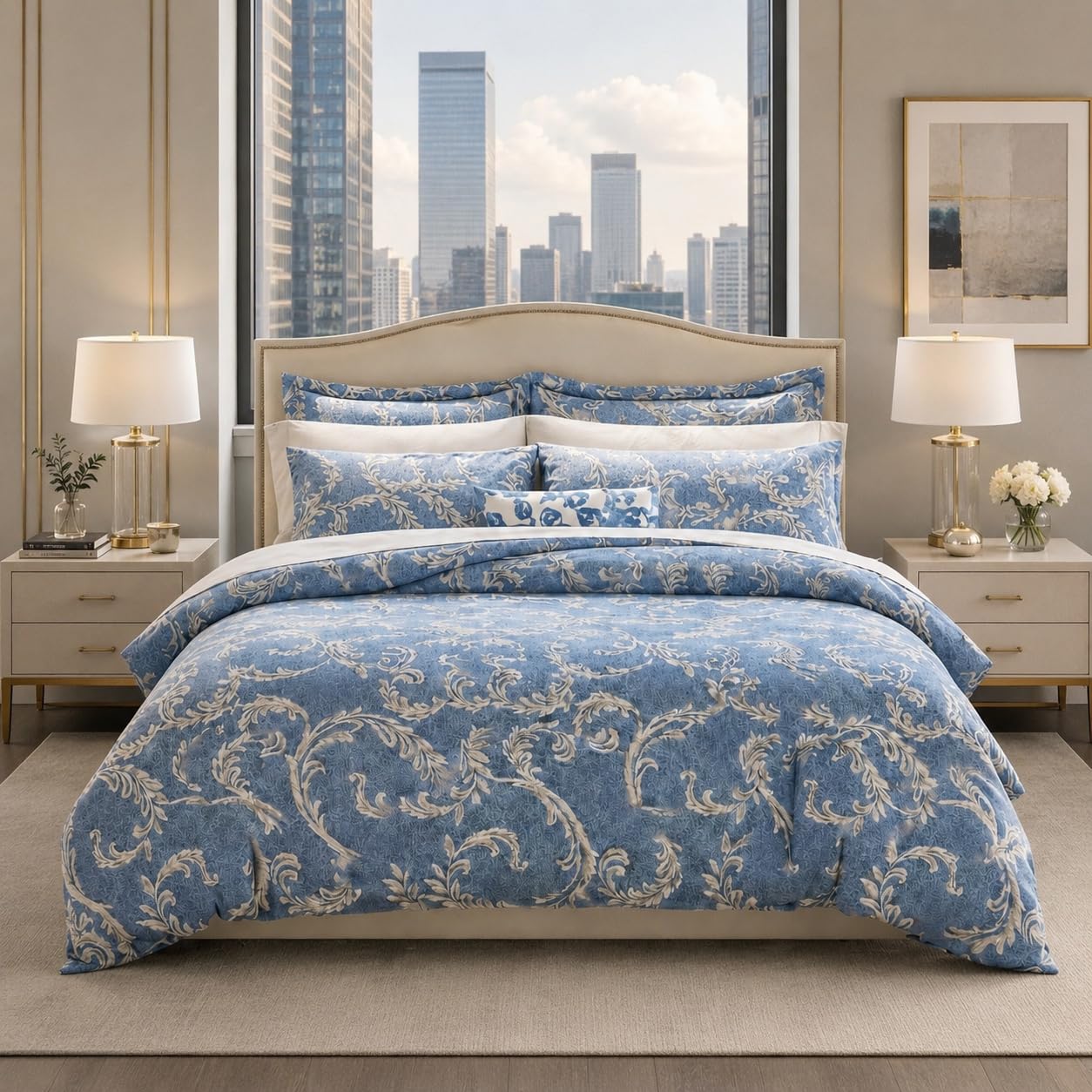 Set Copripiumino Matrimoniale HOME Collezione D’Autore – 4 Pezzi, Copripiumino 220x230 cm, Lenzuolo con Angoli 160x200+35 cm, 2 Federe 50x80 – Microfibra Ultra Soft (Damascato Cielo)