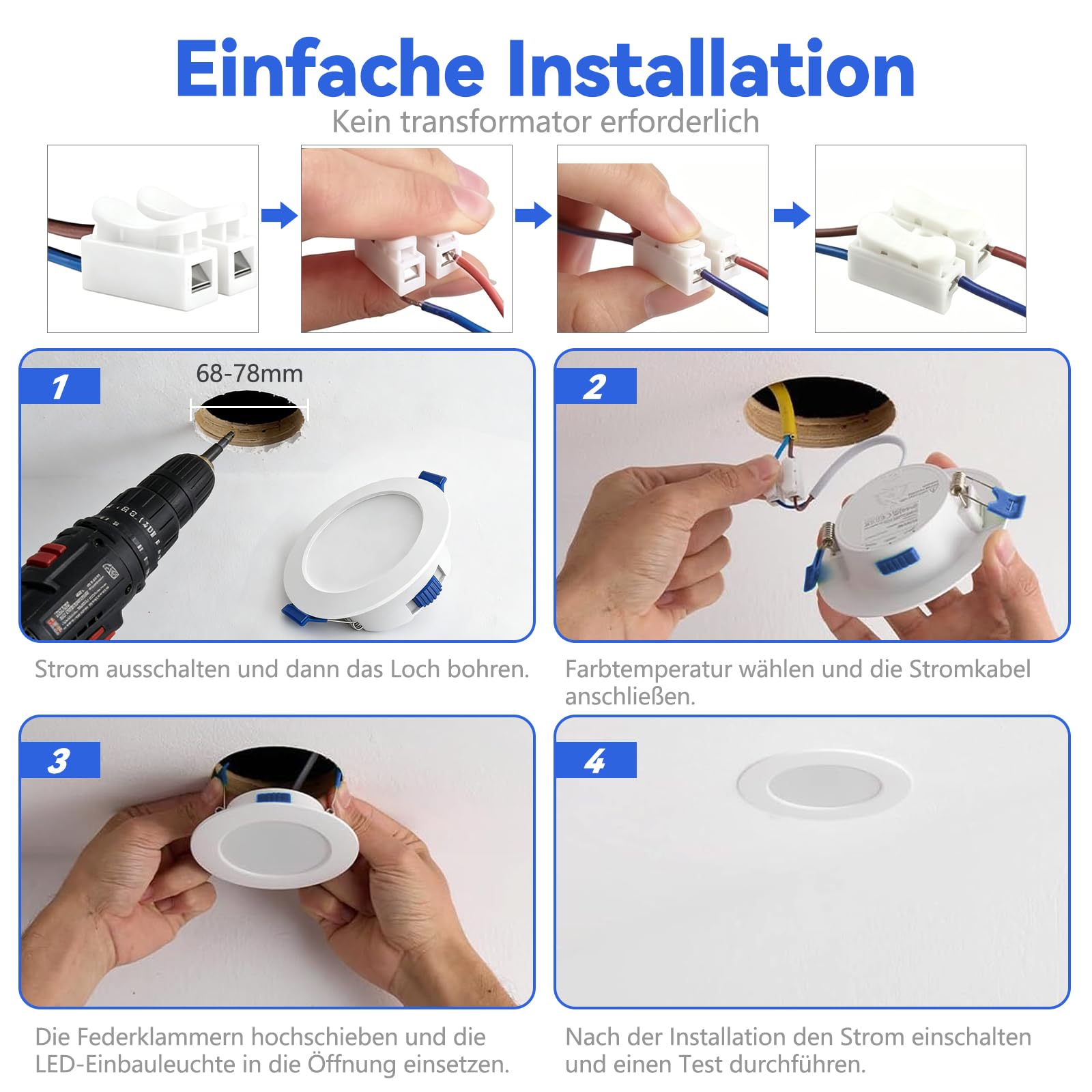JESLED LED Einbaustrahler 230V Dimmbar, 5W 400LM LED Spot 68mm - 78mm Lochmaß, IP54 Einbauleuchten Für Badezimmer Küche Wohnzimmer, 3000K/4000K/6500K Einbauspots, Rund Weiss 6er Set