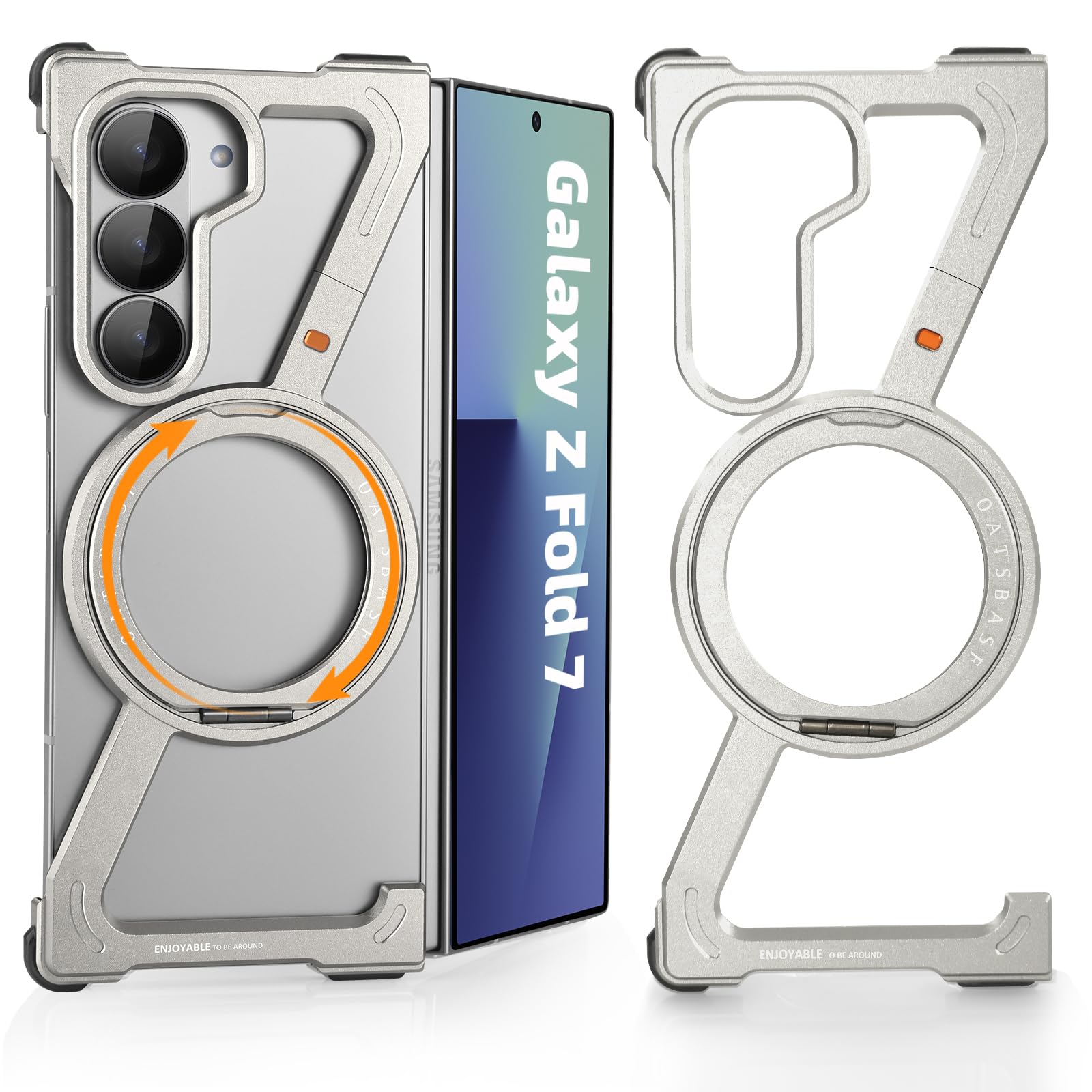 Etui do Samsung Galaxy Z Fold 7 ze stojakiem, magnetyczna obrotowa podpórka Z Fold7 etui bez ramy, aluminiowa metalowa smukła obudowa na telefon do Galaxy Z Fold 7, srebrne