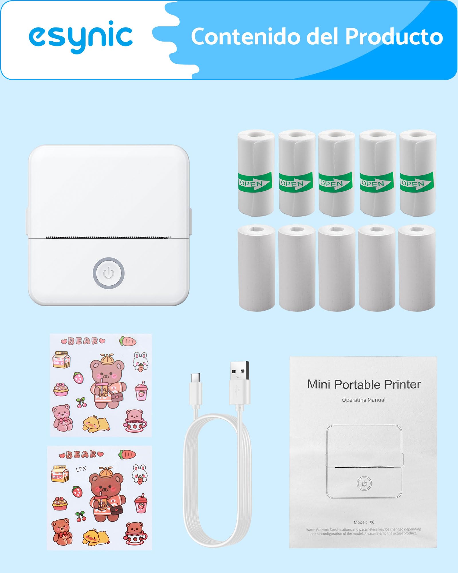 eSynic Mini Impresora Fotográfica Portátil con 10 Rollos Papel, Bluetooth Térmica Sin Tinta