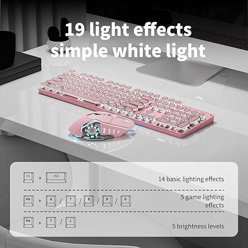 Miniatura 4 de TK950 Combo de teclado y mouse inalámbricos de máquina de escribir, teclado mecánico retro de 104 teclas con retroiluminación blanca, anti-fantasma,