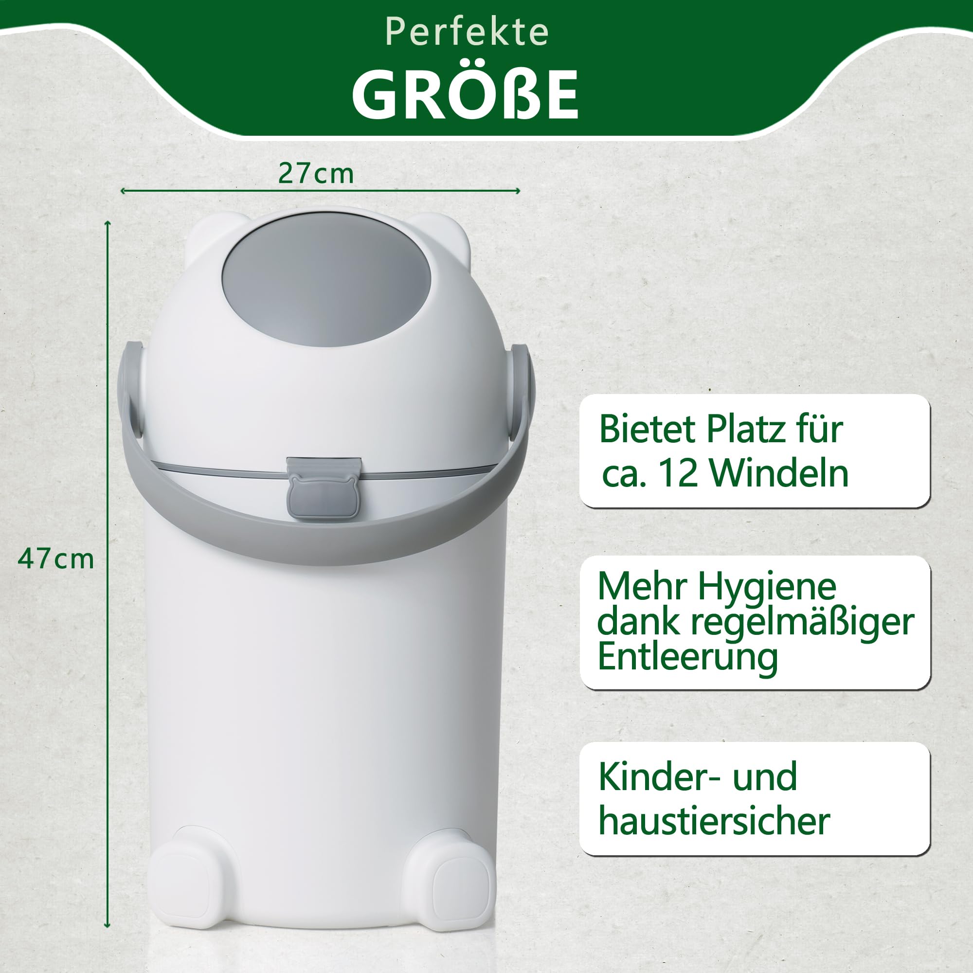 Pattumiera per pannolini con protezione dagli odori, 12 l, funzionamento con una sola mano, sacchetto universale, simpatico orsetto N2, bianco+grigio per la cameretta dei bambini